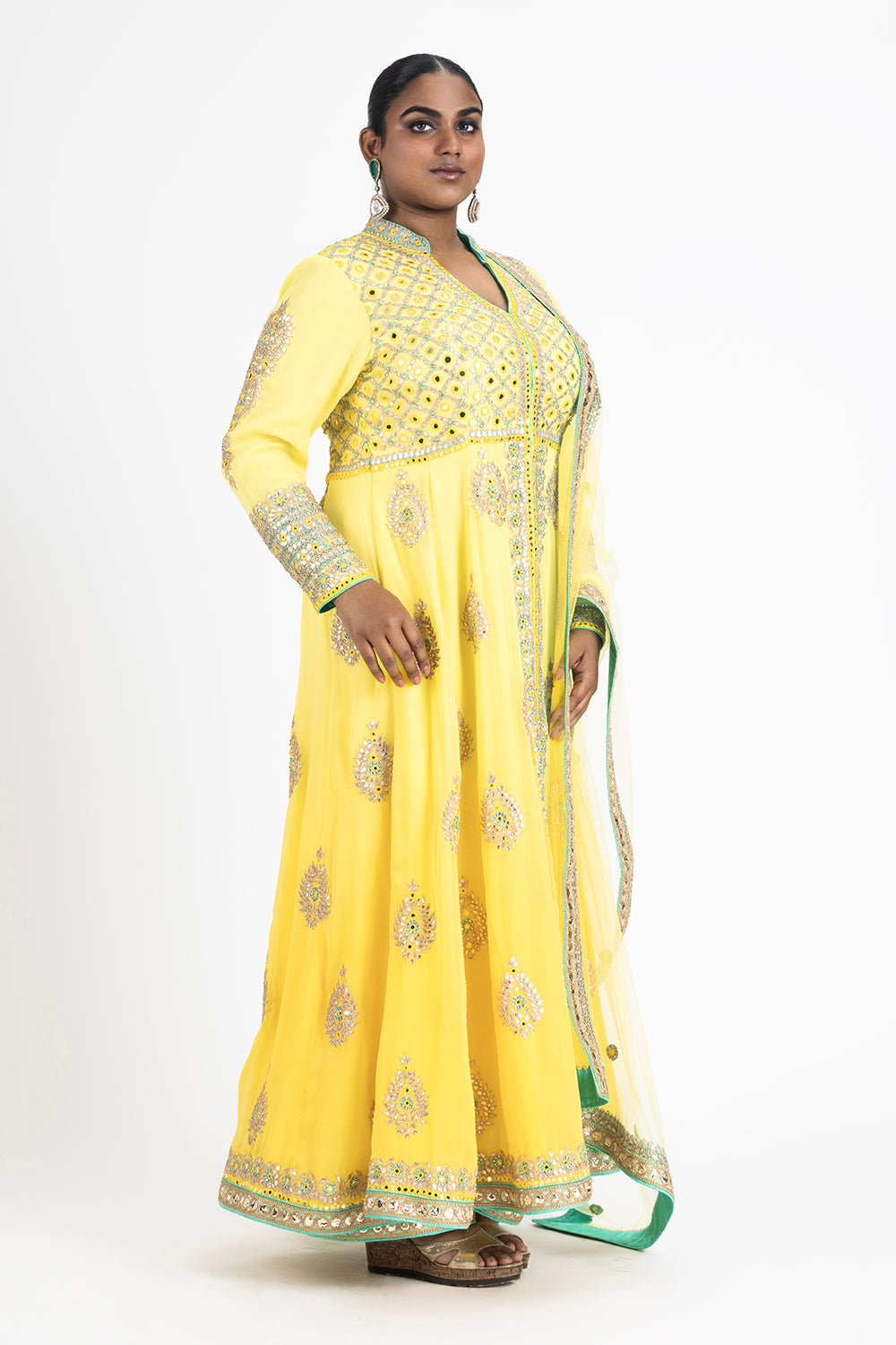 Yellow Ombre Dyed Kalidar Georgette Jacket with Net Dupatta And Palazo