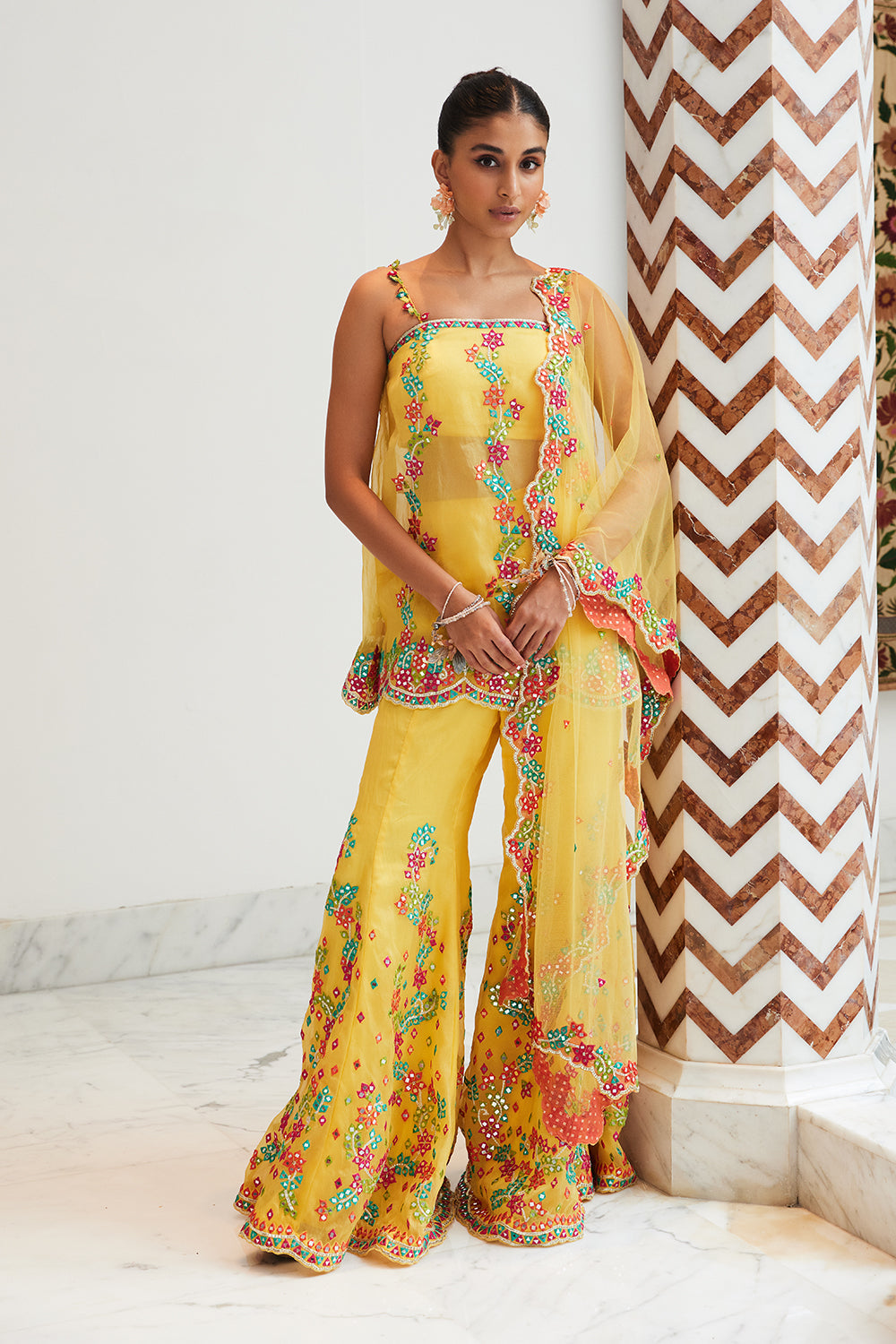 Yellow Organza Peplum, Sharara and Dupatta