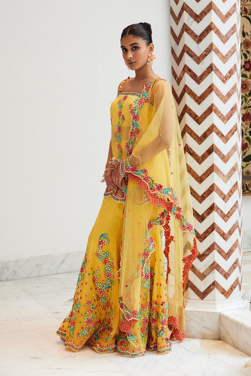 Yellow Organza Peplum, Sharara and Dupatta