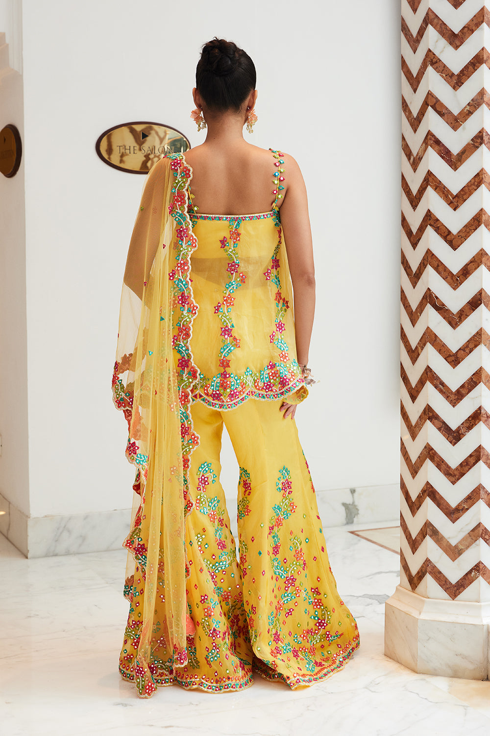 Yellow Organza Peplum, Sharara and Dupatta
