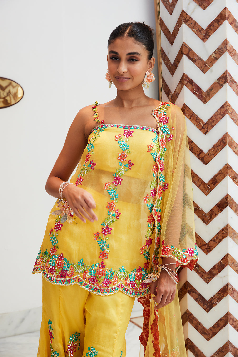 Yellow Organza Peplum, Sharara and Dupatta
