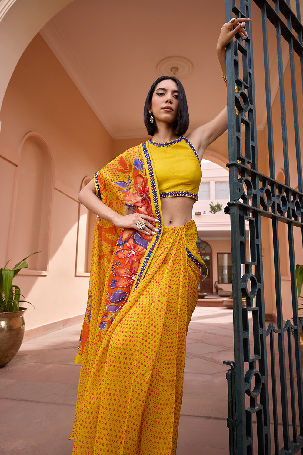 Yellow printed and embroidered pre stitched saree set