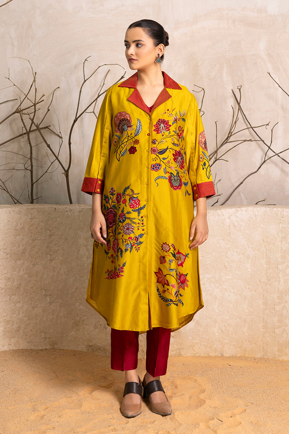 Yellow Silk Chanderi Chintz Printed Front Open Dress