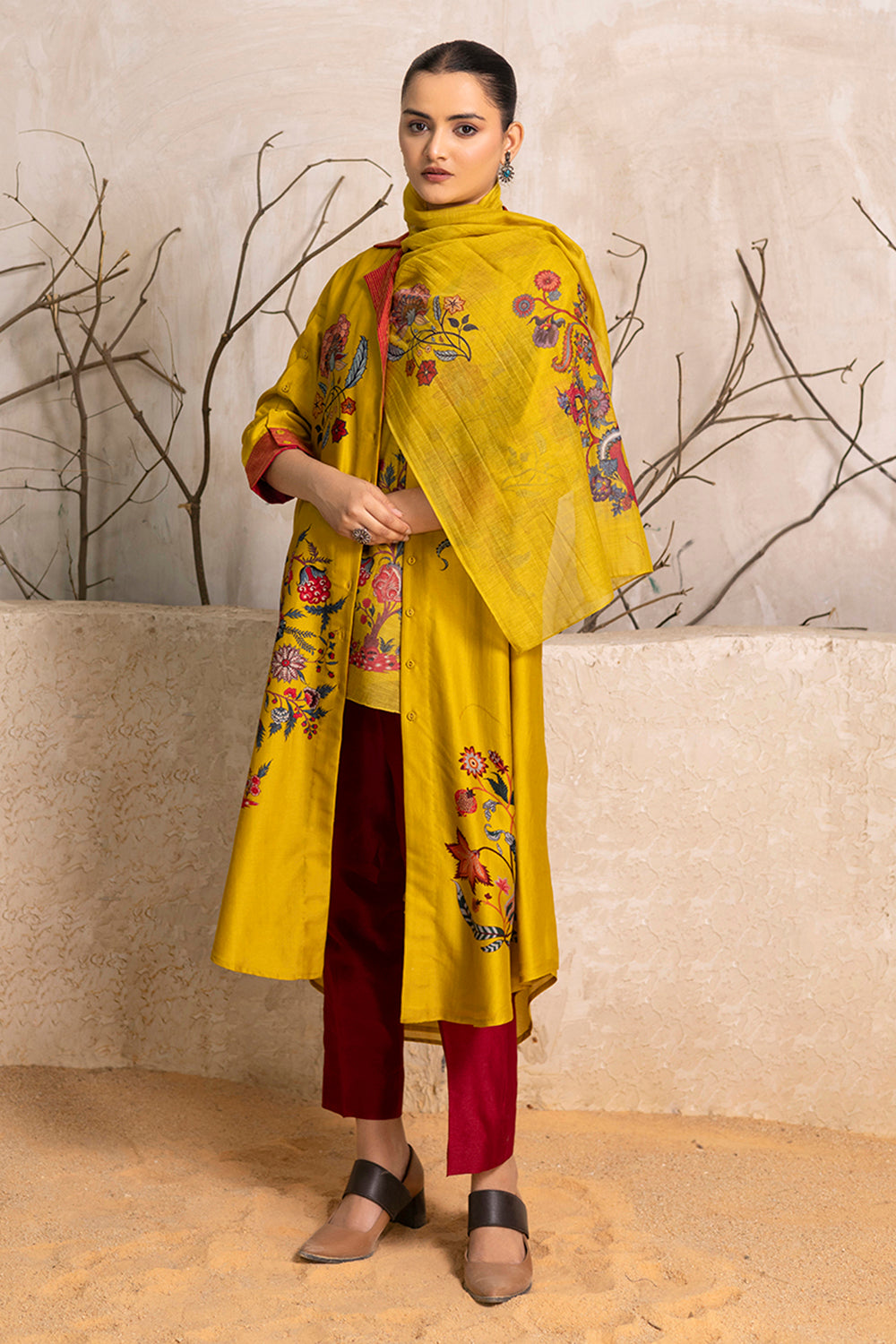 Yellow Silk Chanderi Chintz Printed Stole