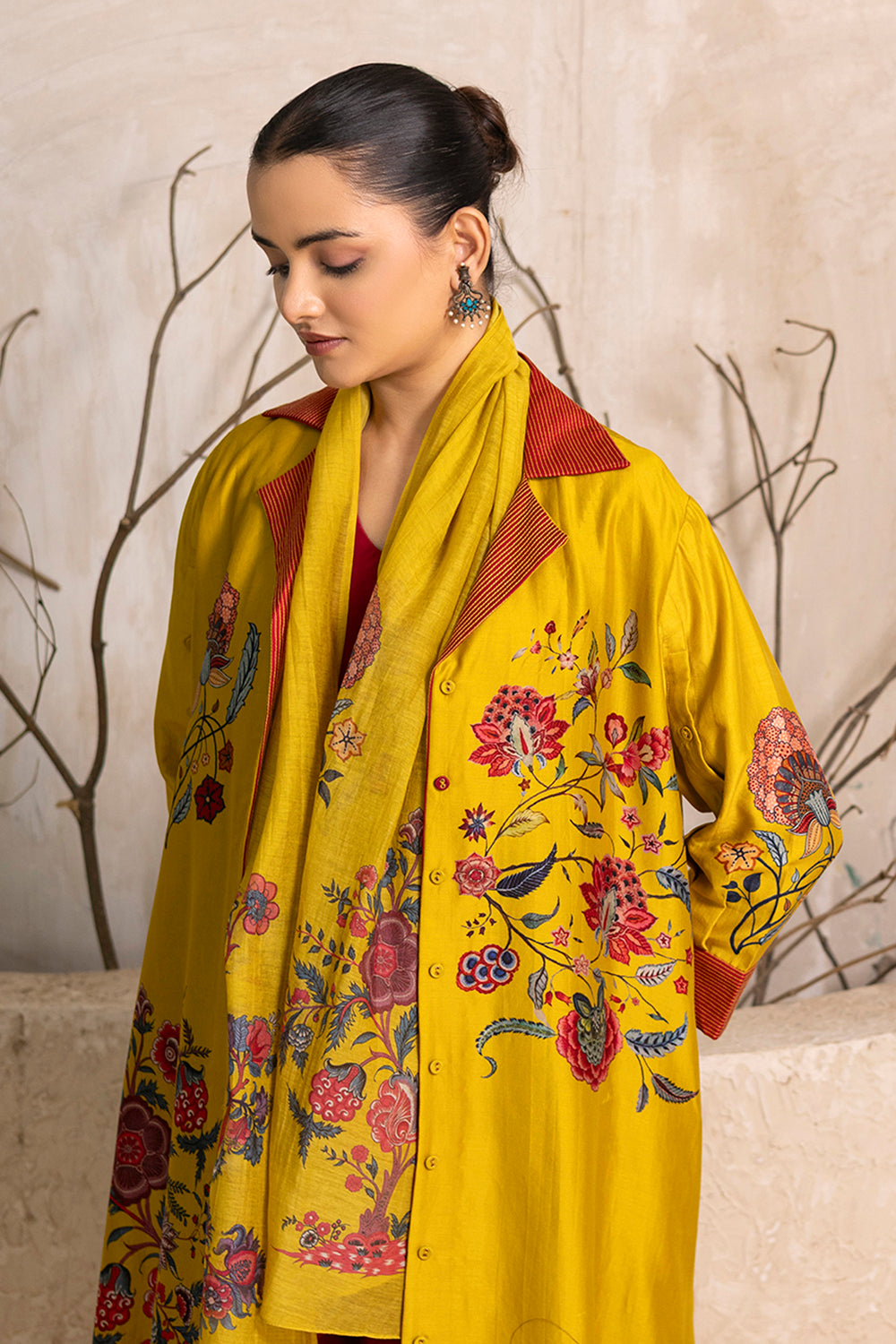 Yellow Silk Chanderi Chintz Printed Stole