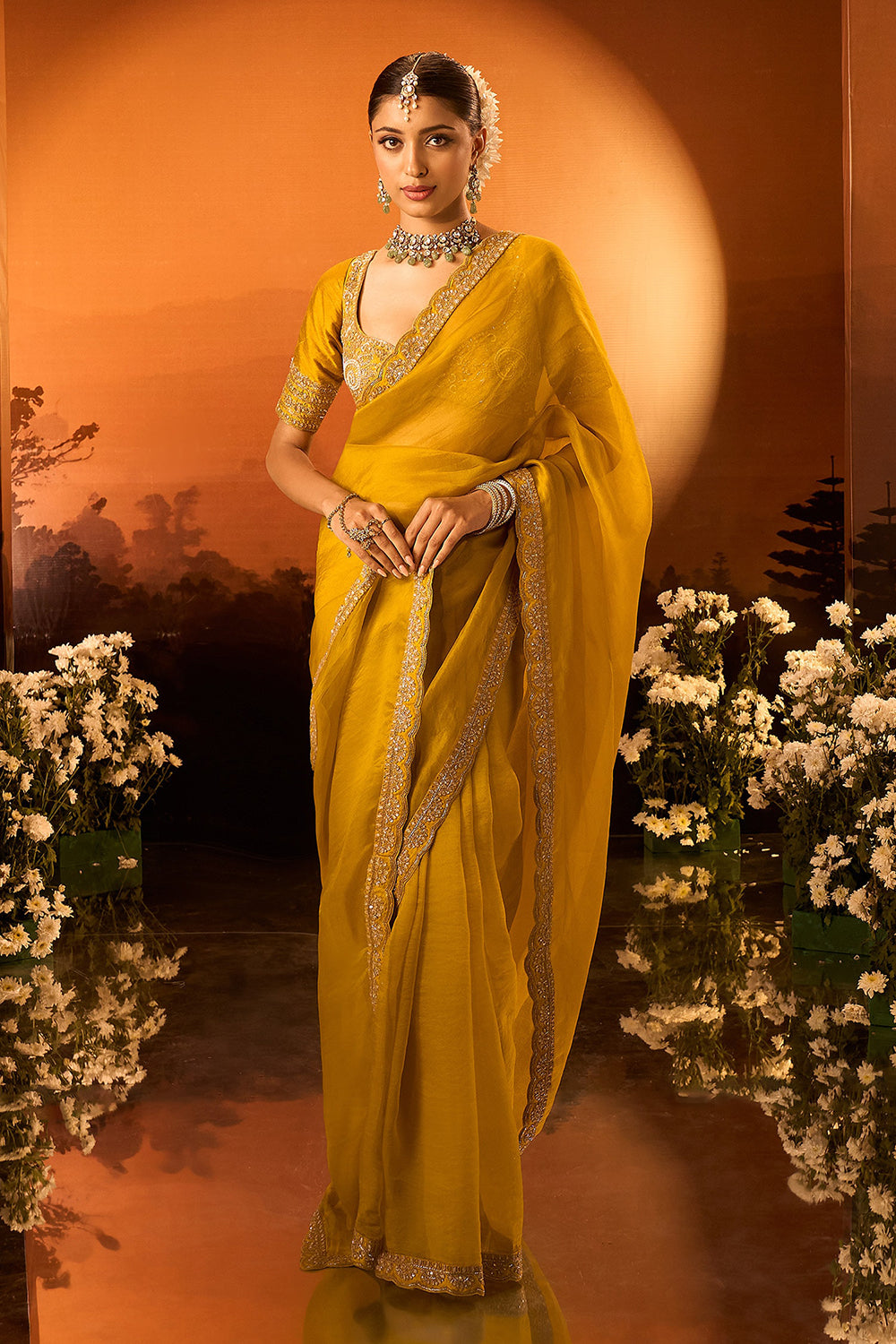 Yellow Silk Chanderi Embroidered Saree Set