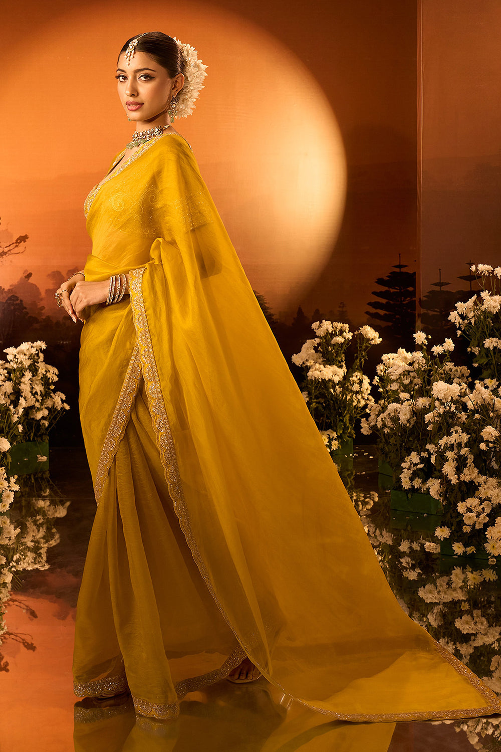 Yellow Silk Chanderi Embroidered Saree Set