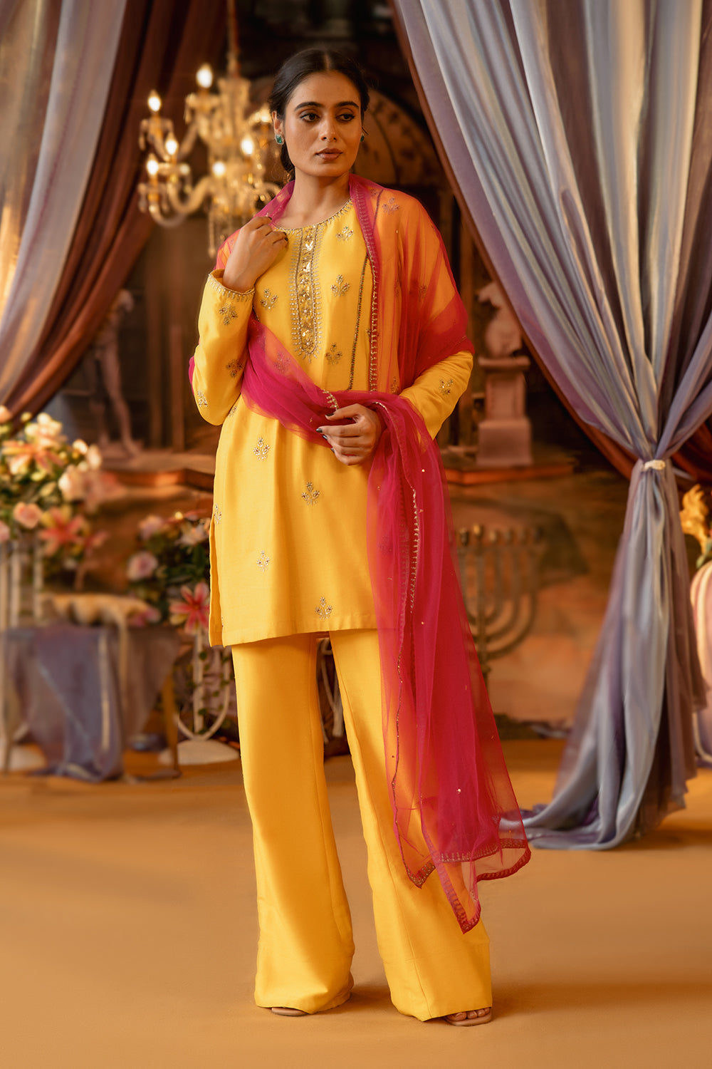 Yellow Suit With Pink Dupatta