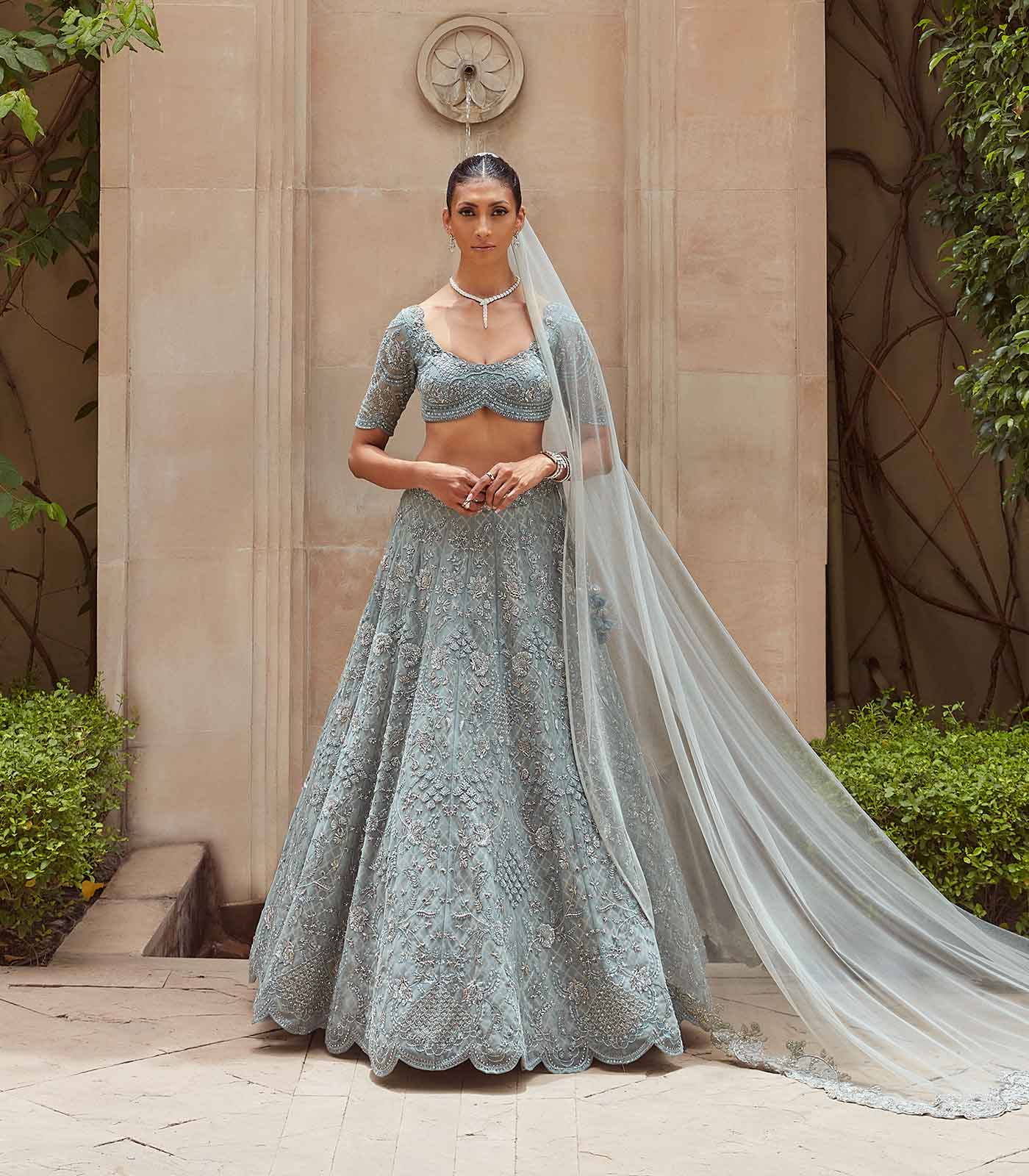 Ice Blue Embroidered Lehenga Set