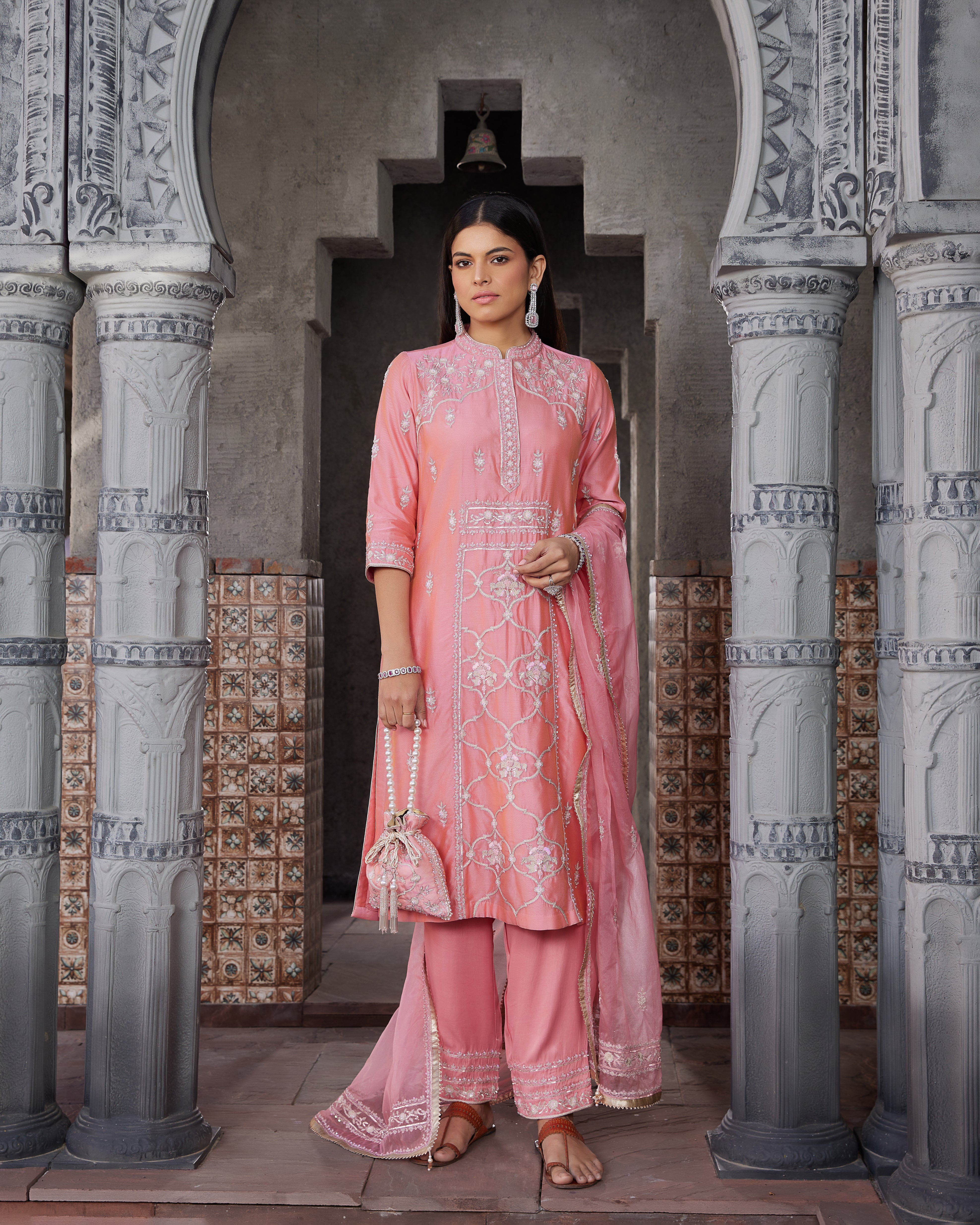 Pink Embroidered Chanderi Suit Set