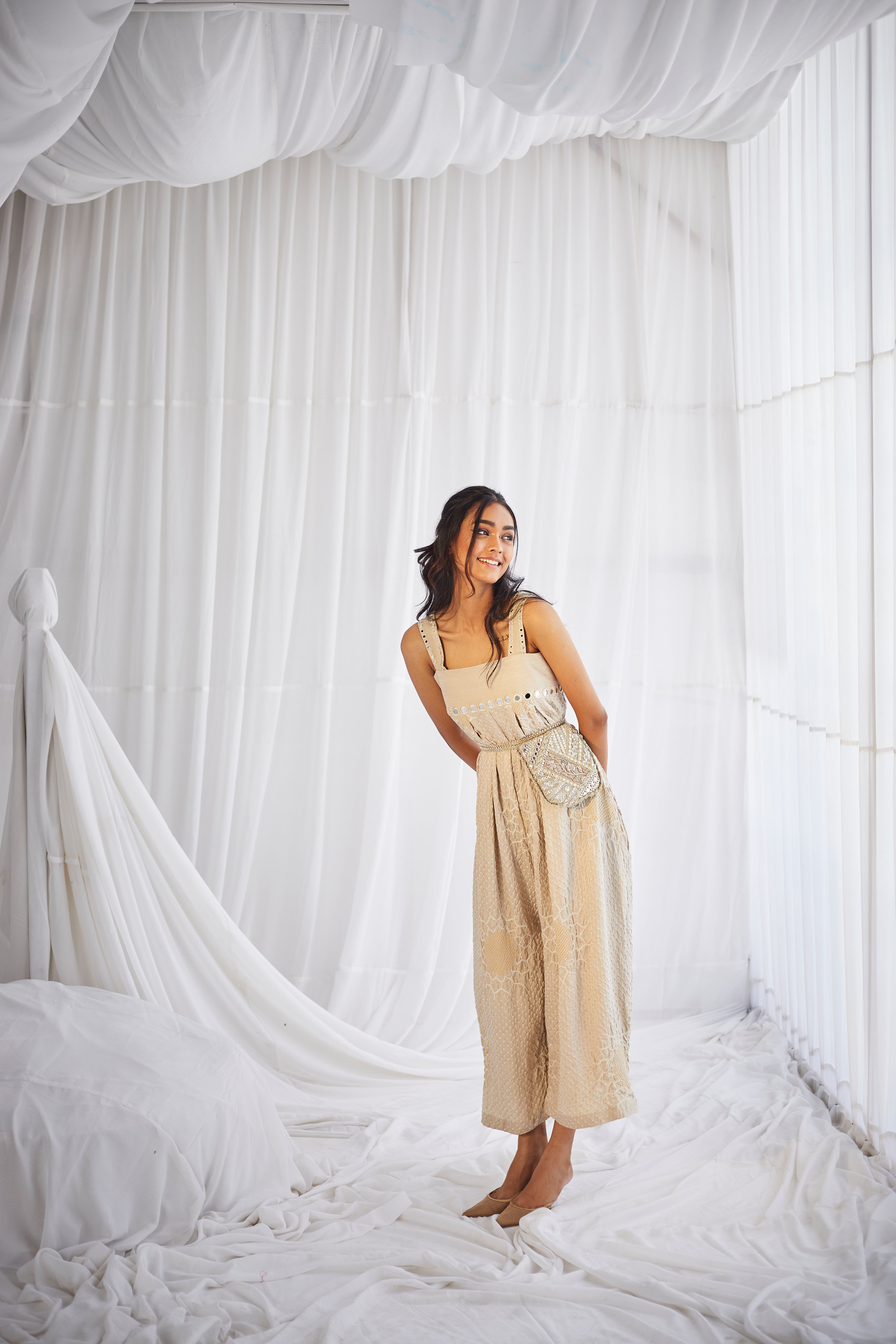 29 India Bandhani Jump Suit In Sunflower Gajji Silk Bandhani Front 2