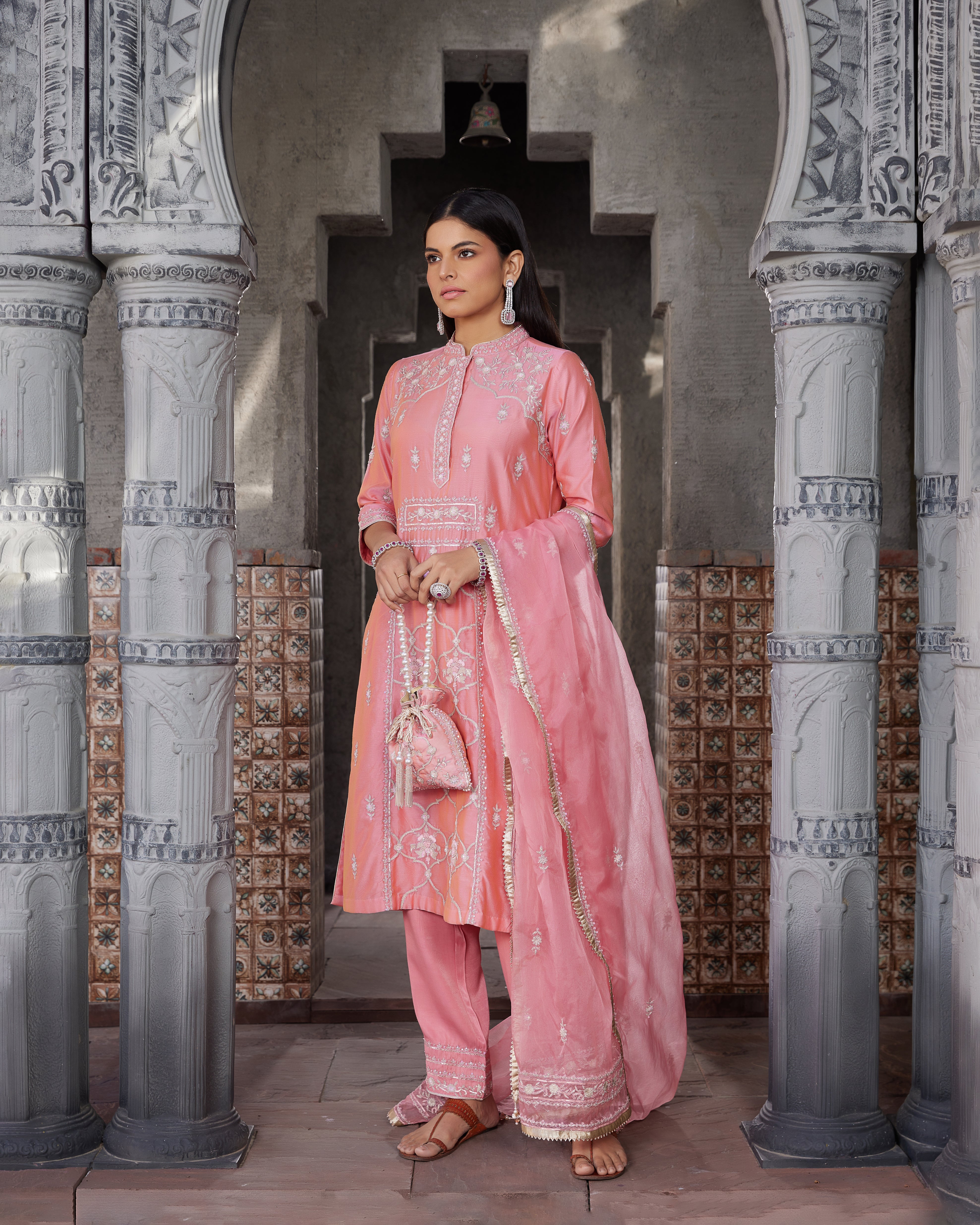 Pink Embroidered Chanderi Suit Set