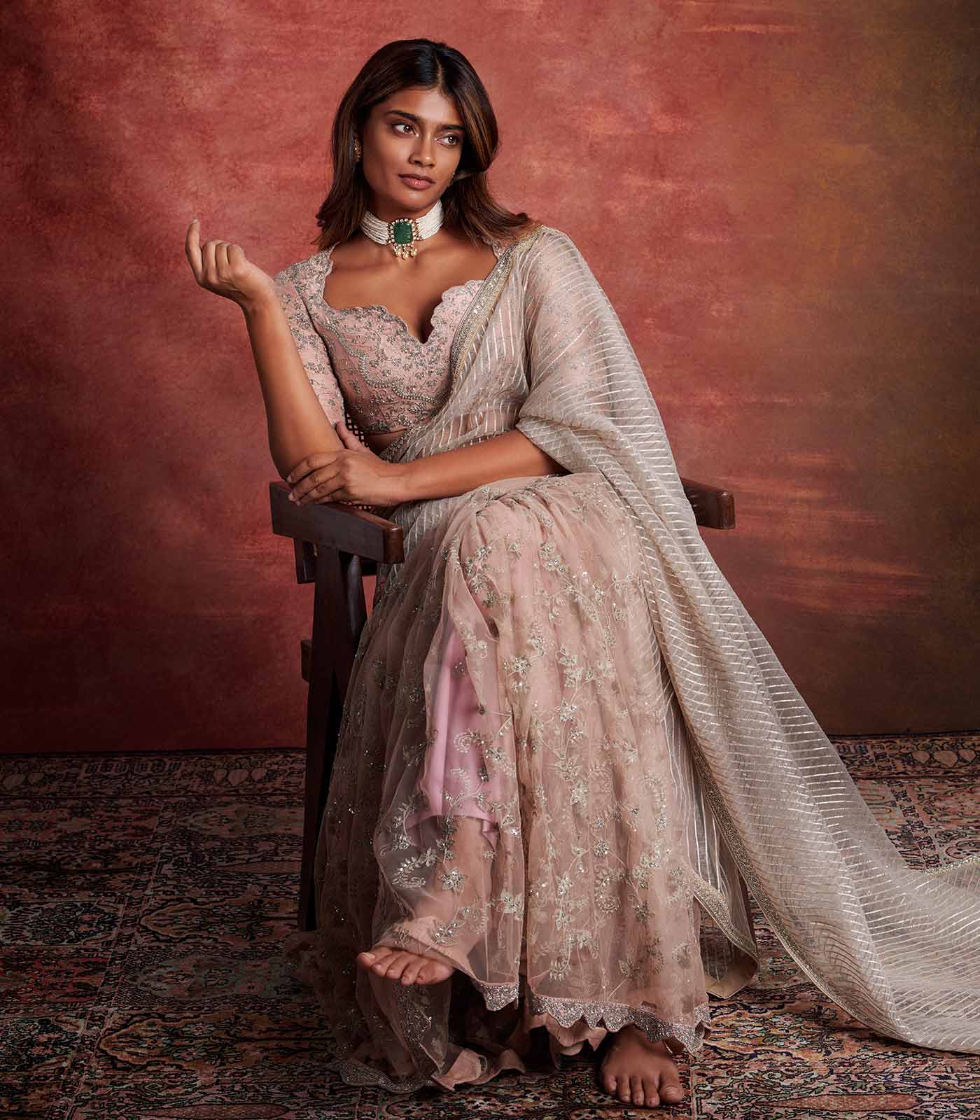 Peach Embroidered Saree Set