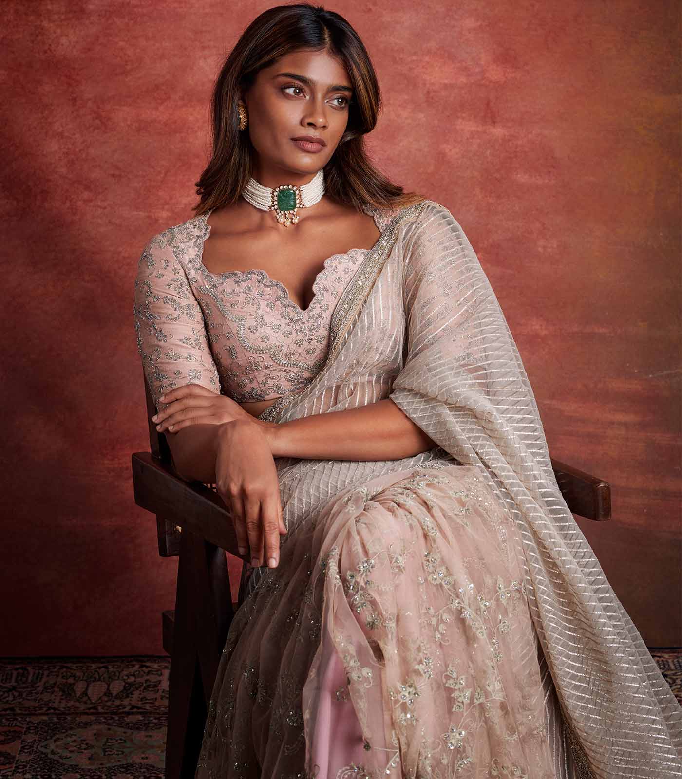 Peach Embroidered Saree Set