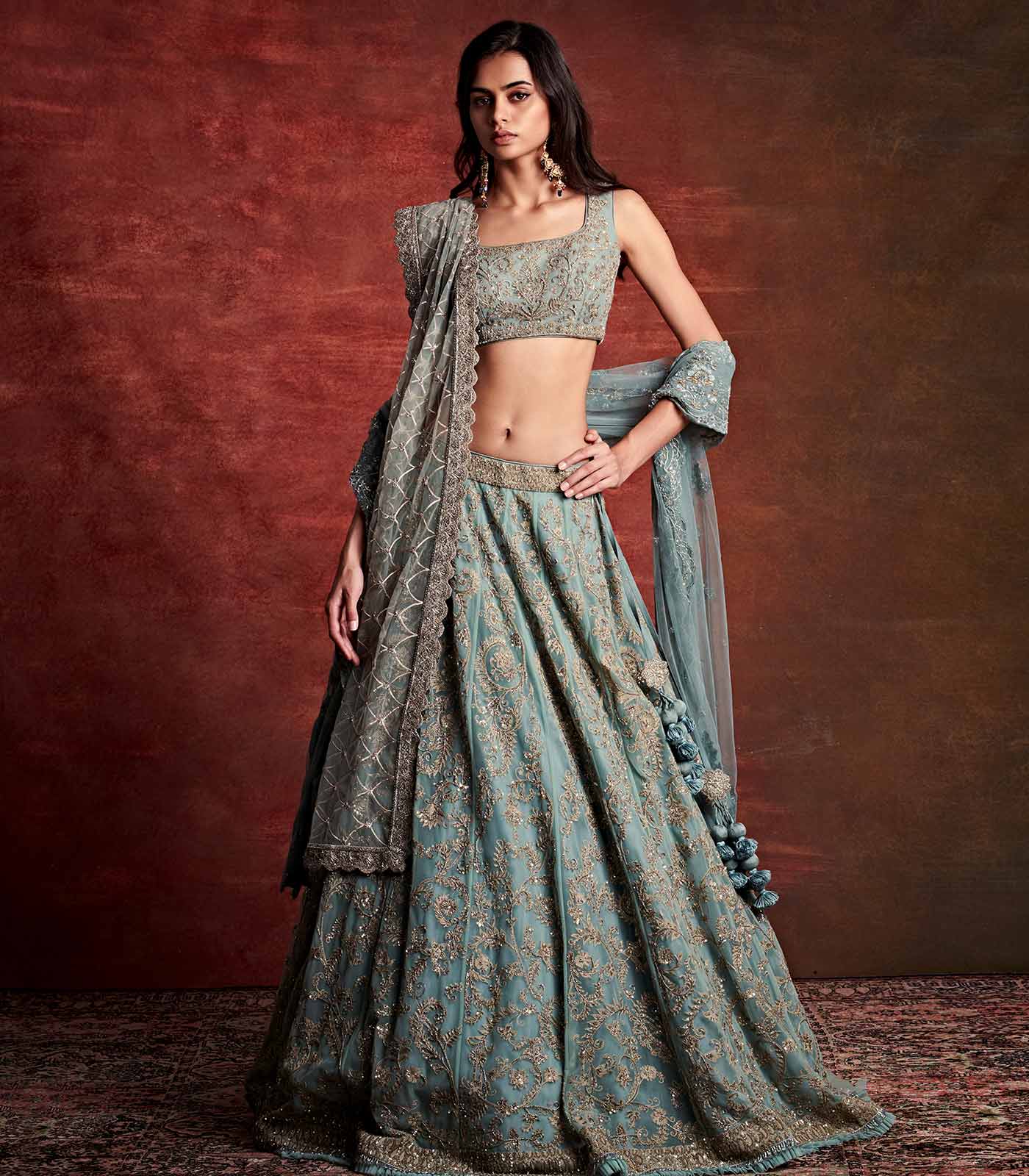 Teal Blue Embroidered Lehenga Set