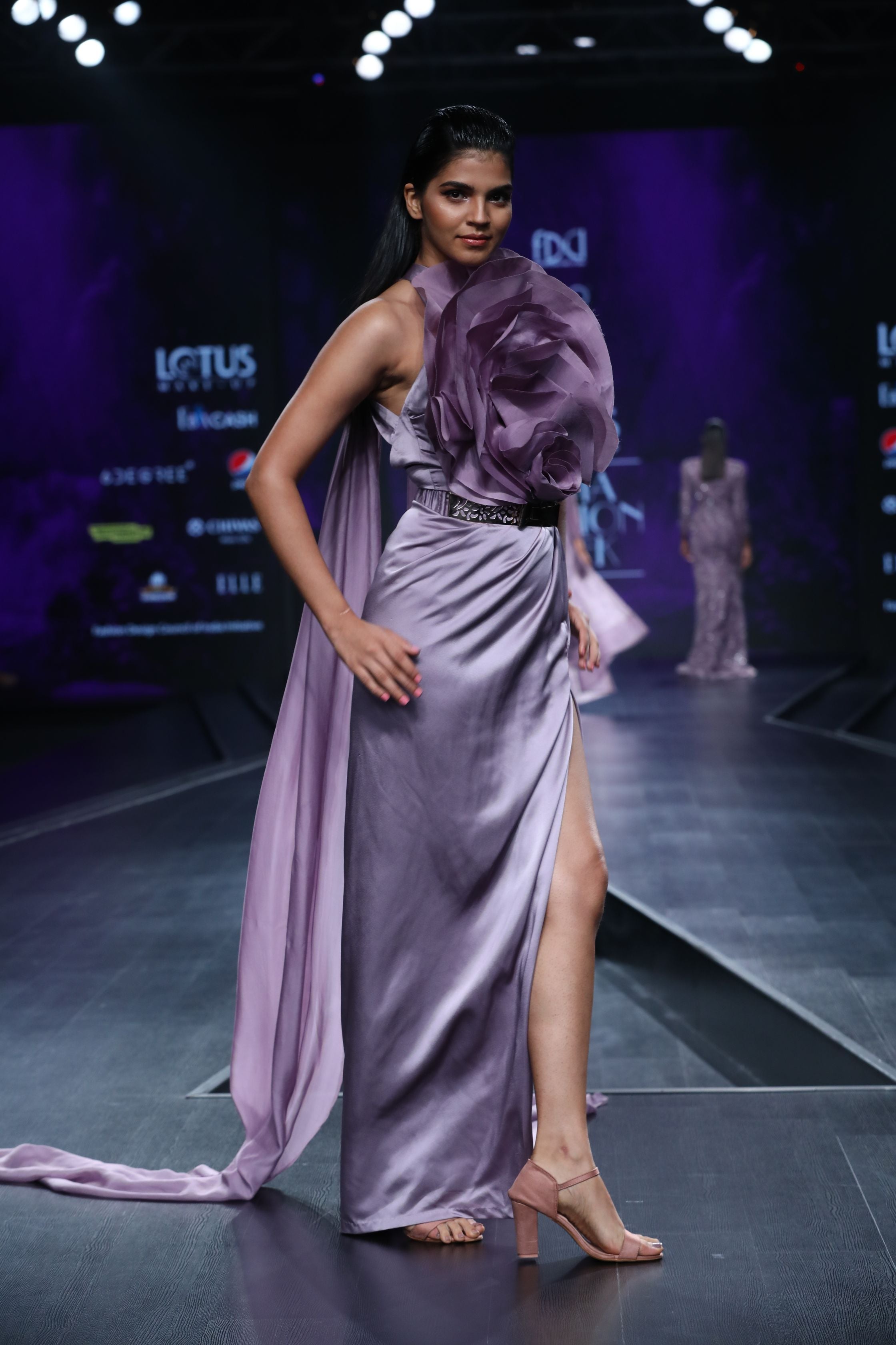 Amit GT - Lavender pillar gown with floral drape