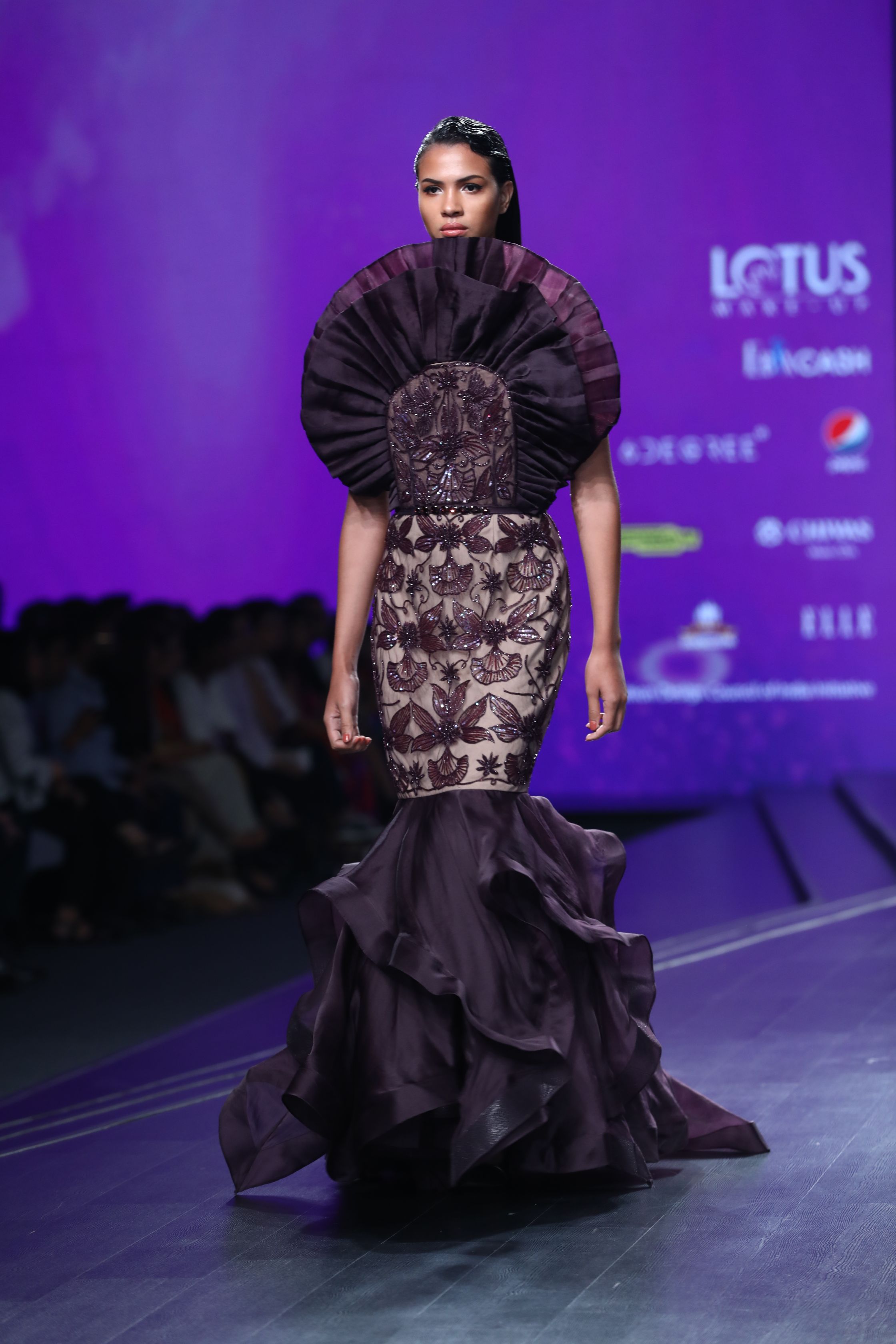 Amit GT - Bordeaux fan pleated mermaid gown