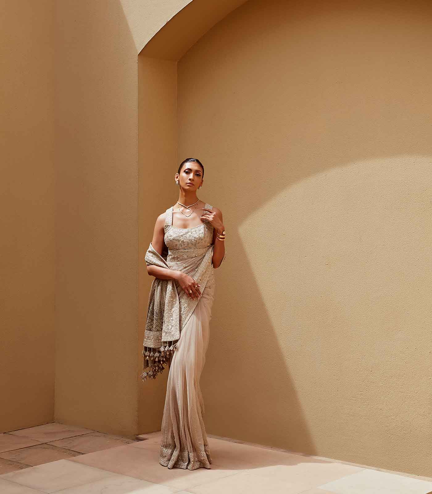 Ivory Embroidered Saree Set