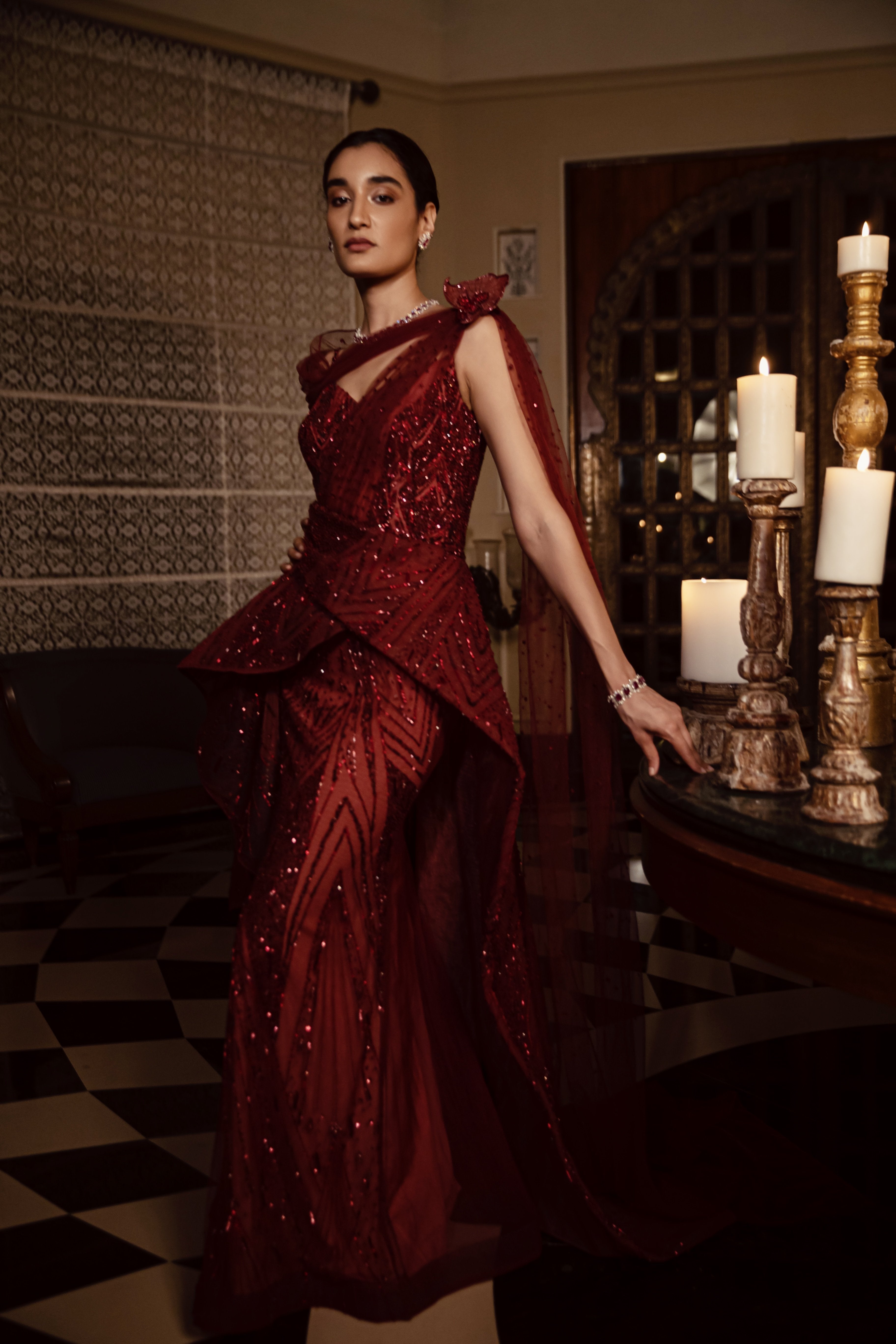 Amit GT - Cranberry Peplum Scintilla Gown