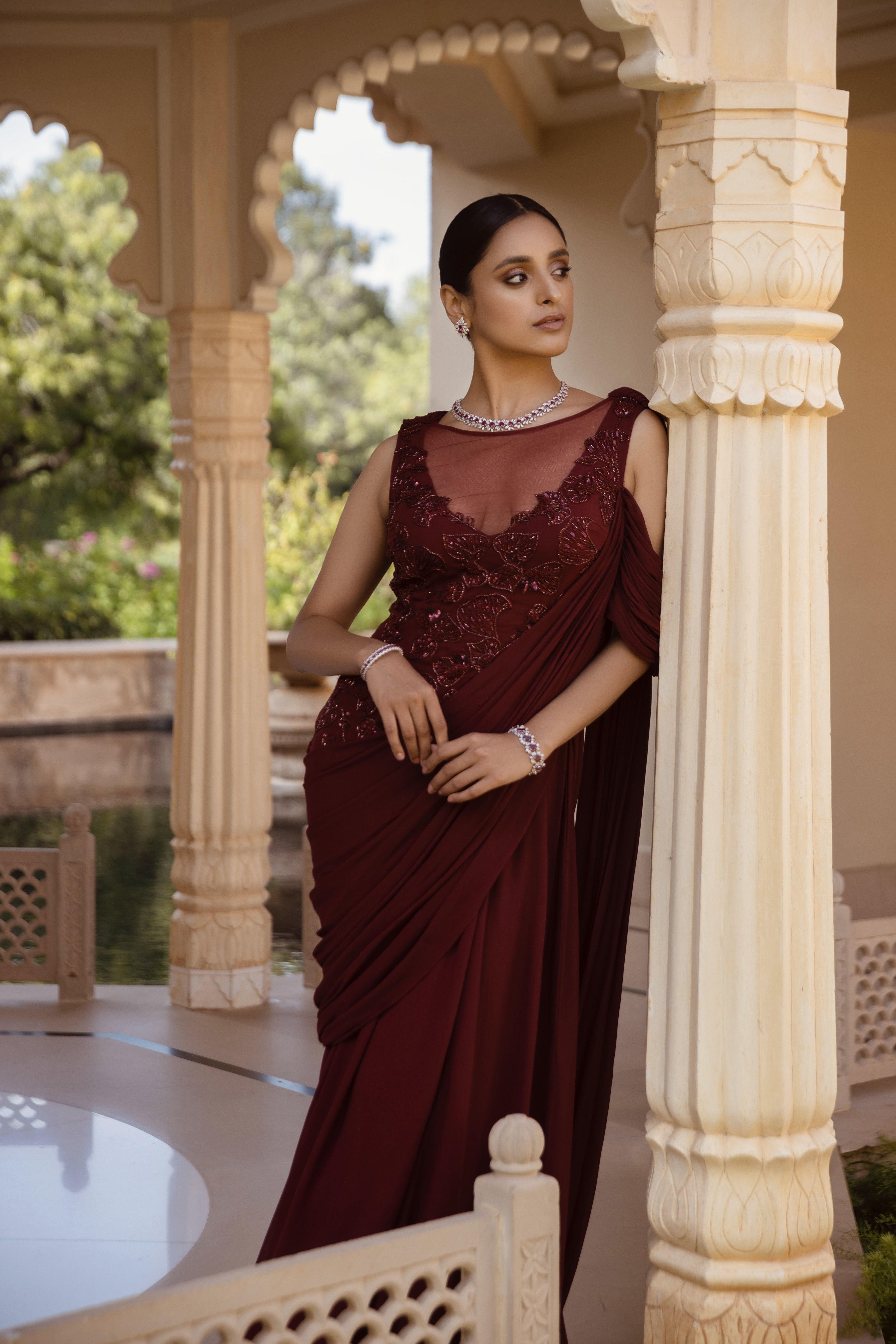 Amit GT - Cranberry Scintilla Saree Gown