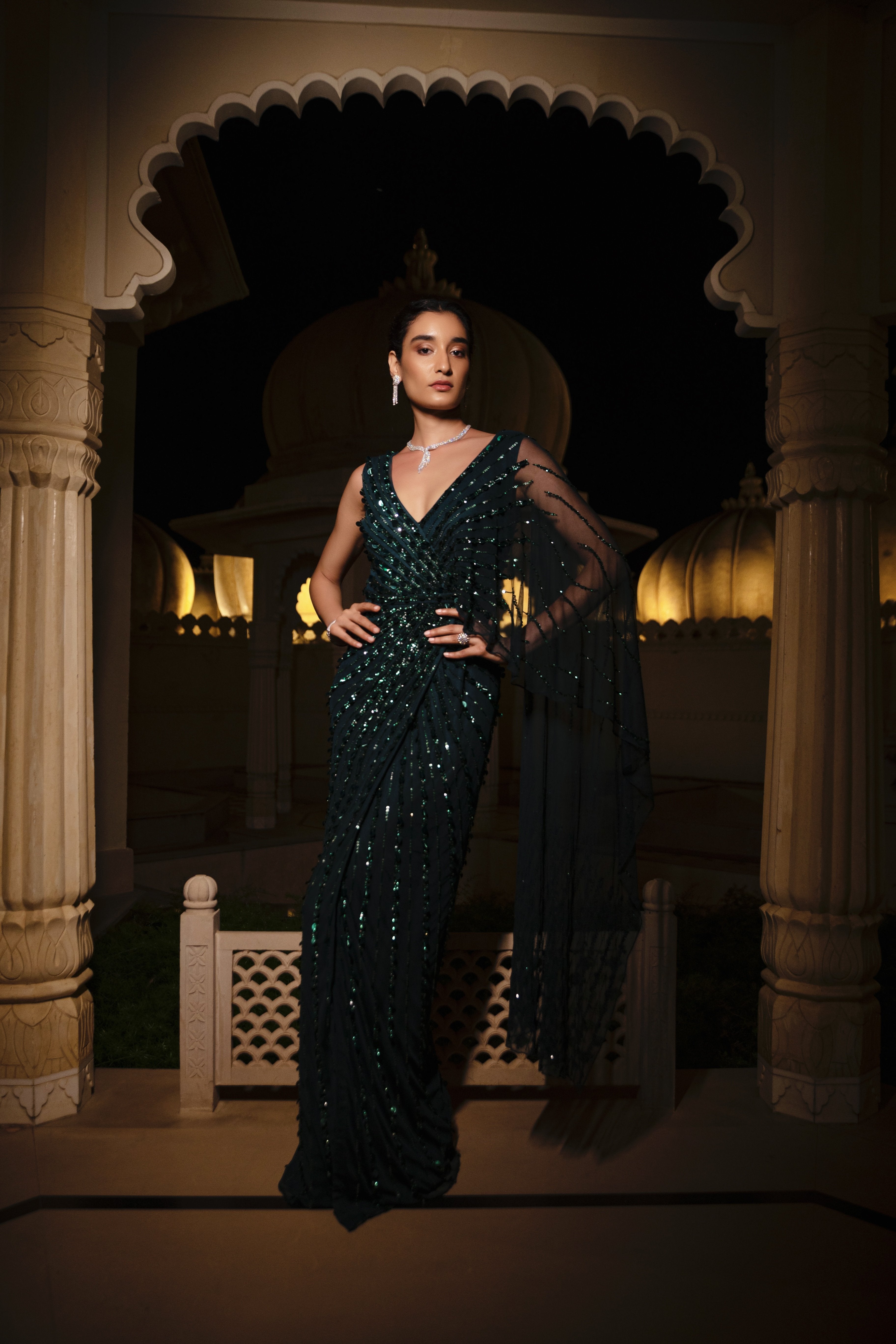 Amit GT - Emerald Green Scintilla Saree Gown