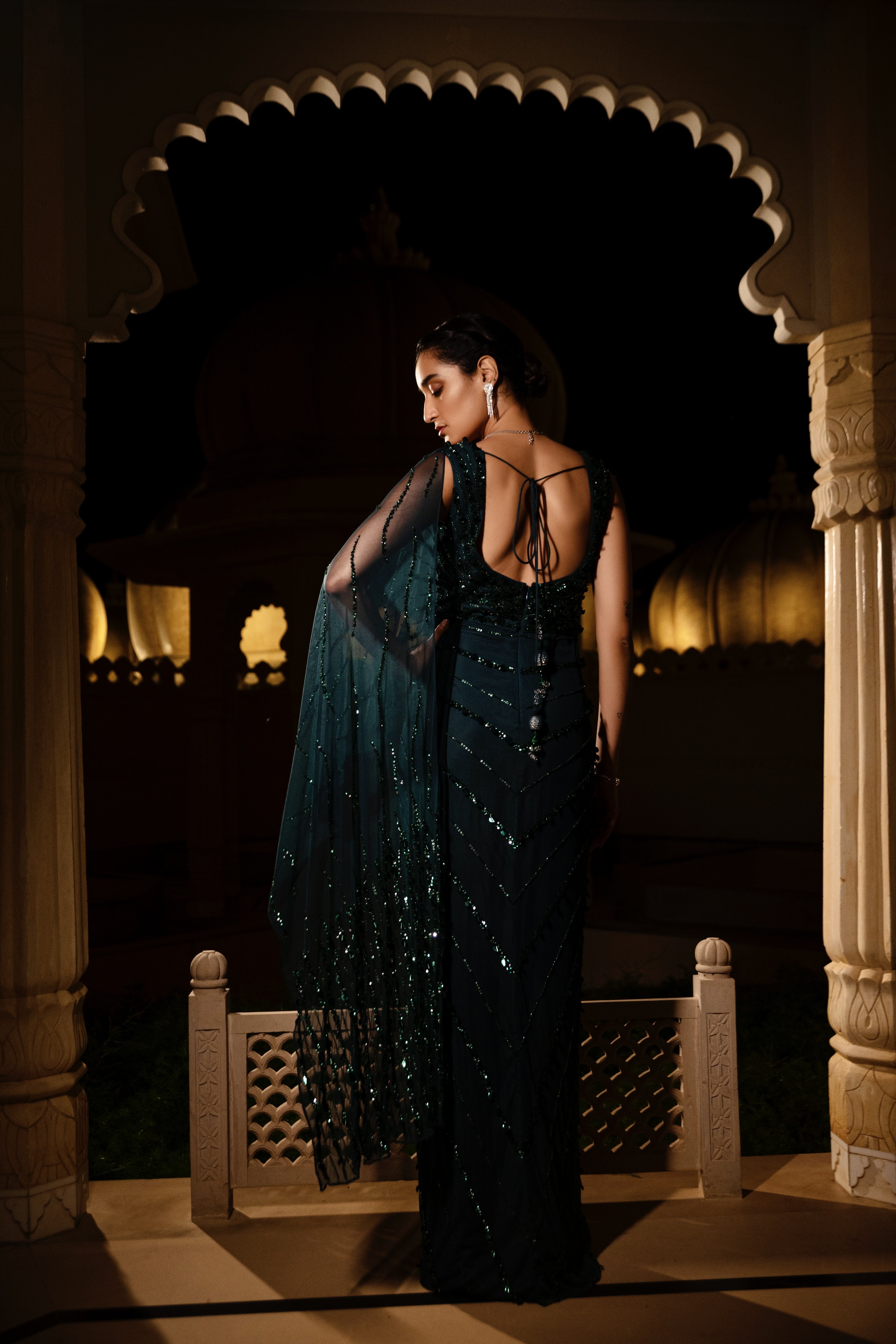 Amit GT - Emerald Green Scintilla Saree Gown