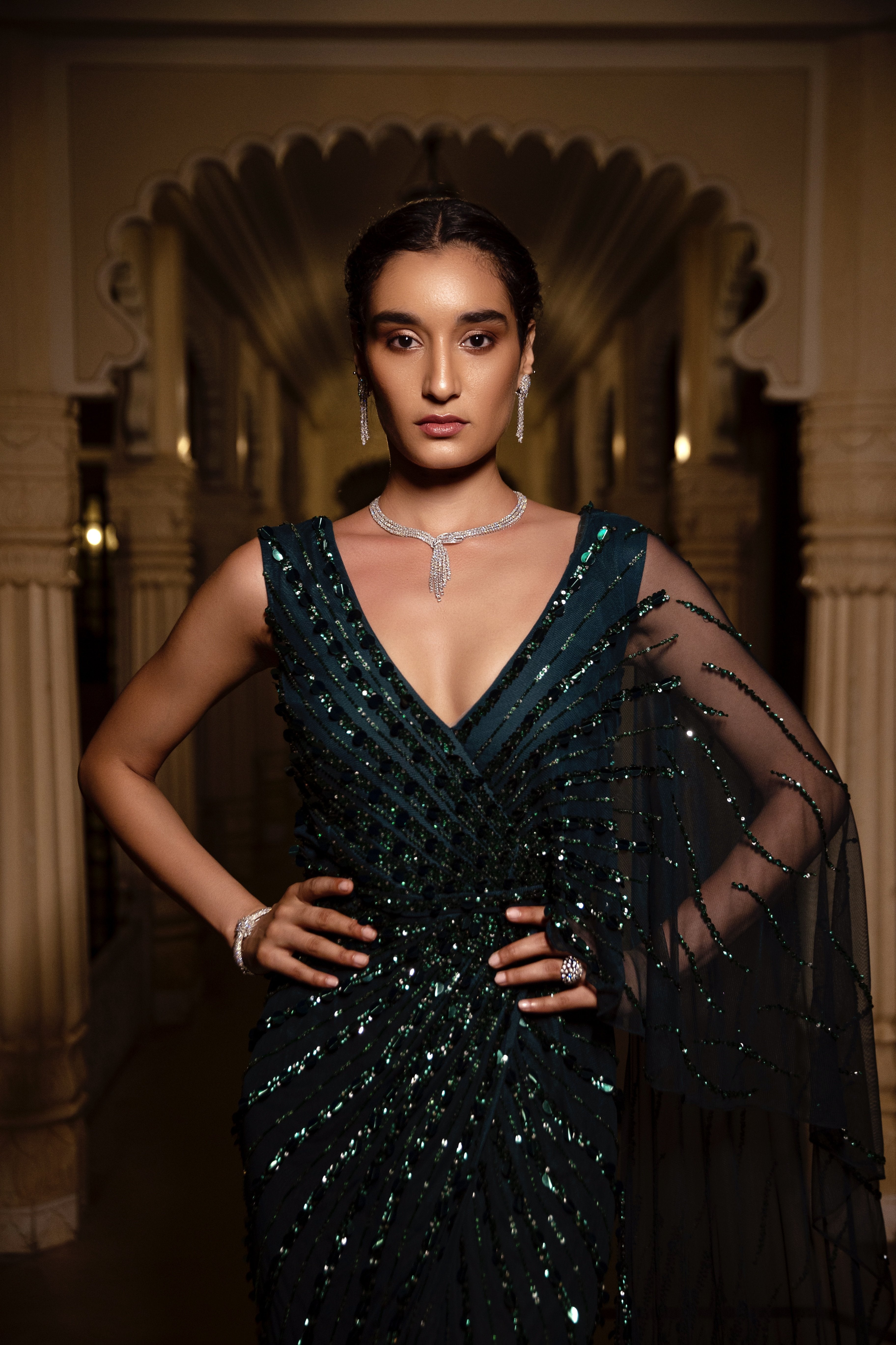 Amit GT - Emerald Green Scintilla Saree Gown