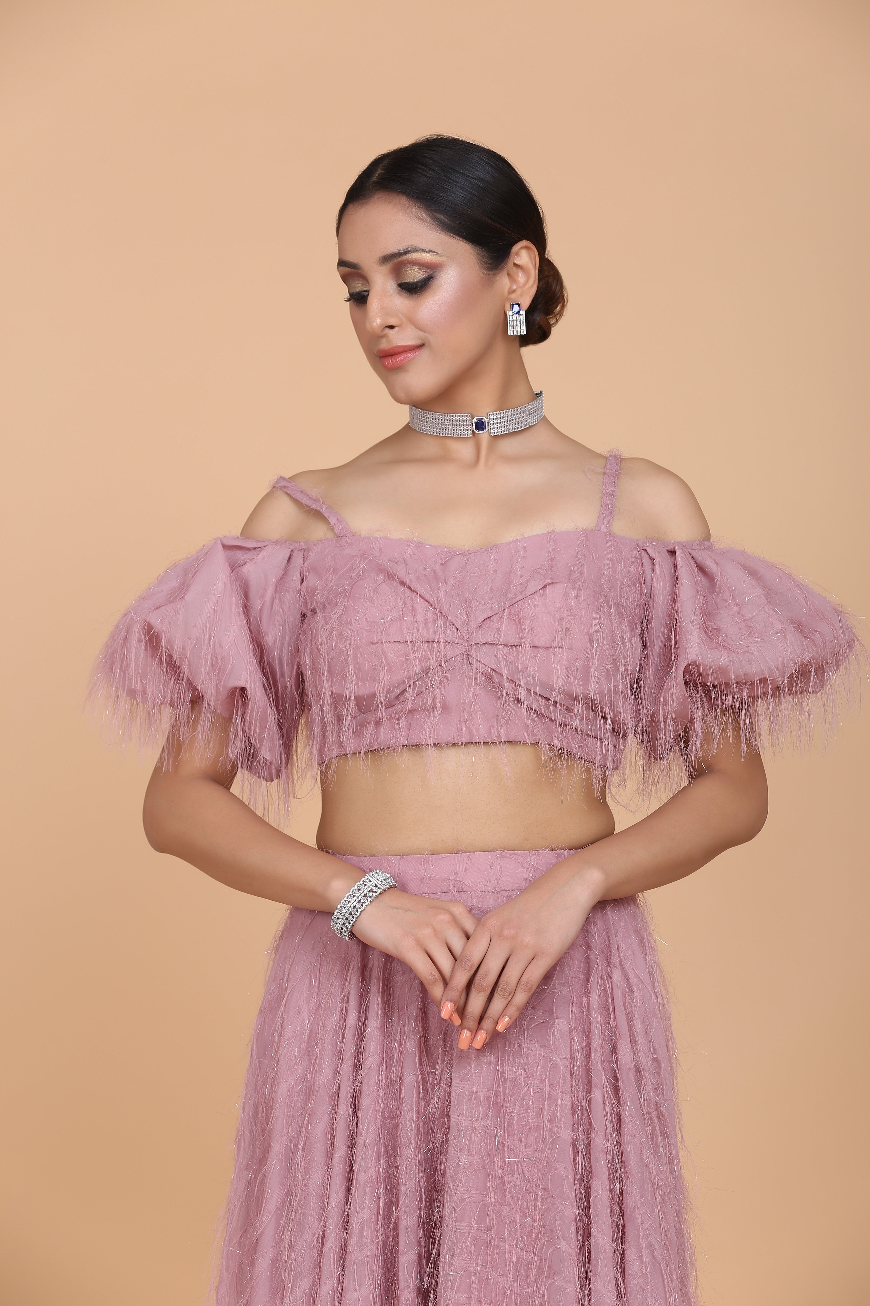 Amit GT - Fringe Cold Shoulder Top & Lehenga Set