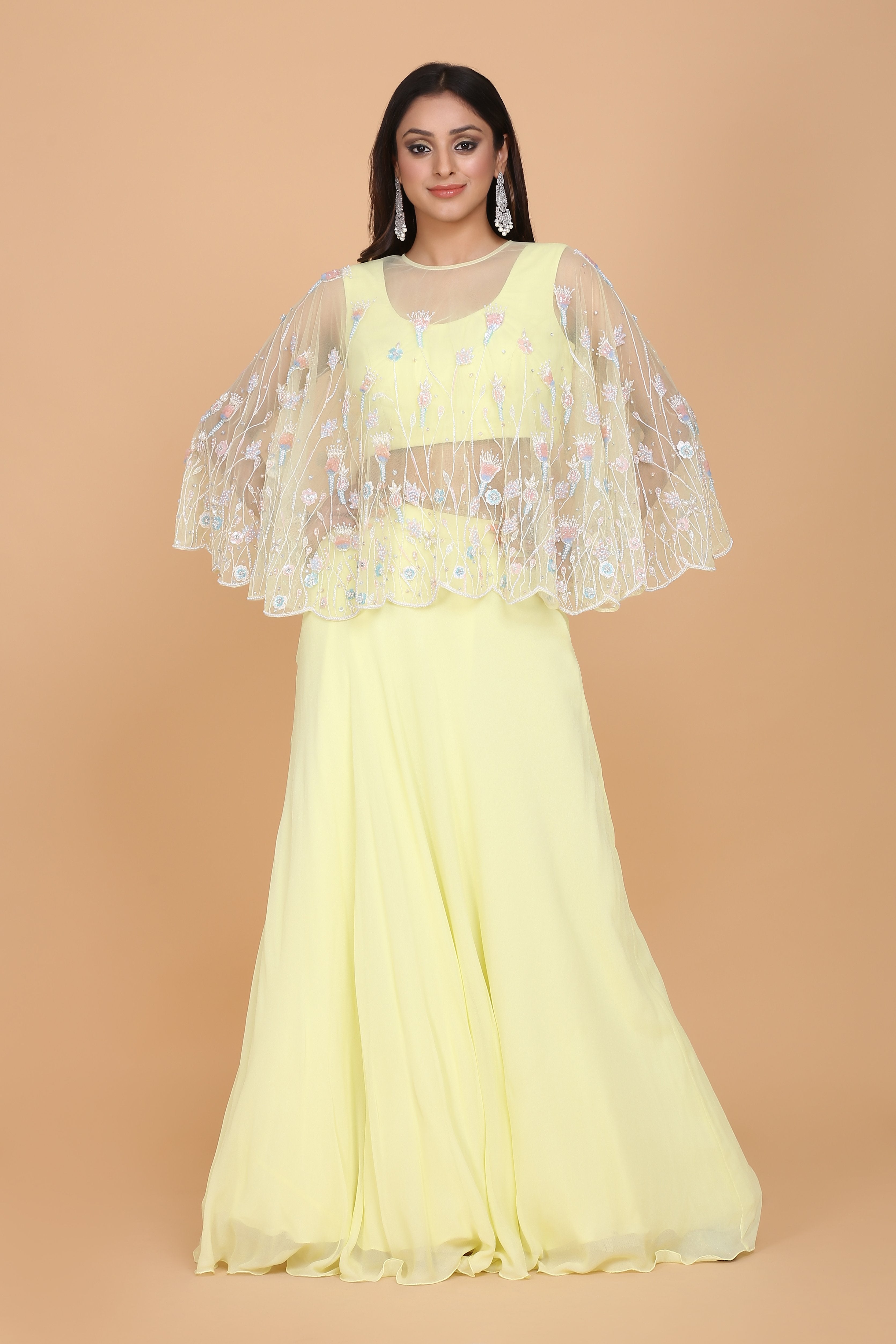 Amit GT - Floral Embroidered Cape & Lehenga Set