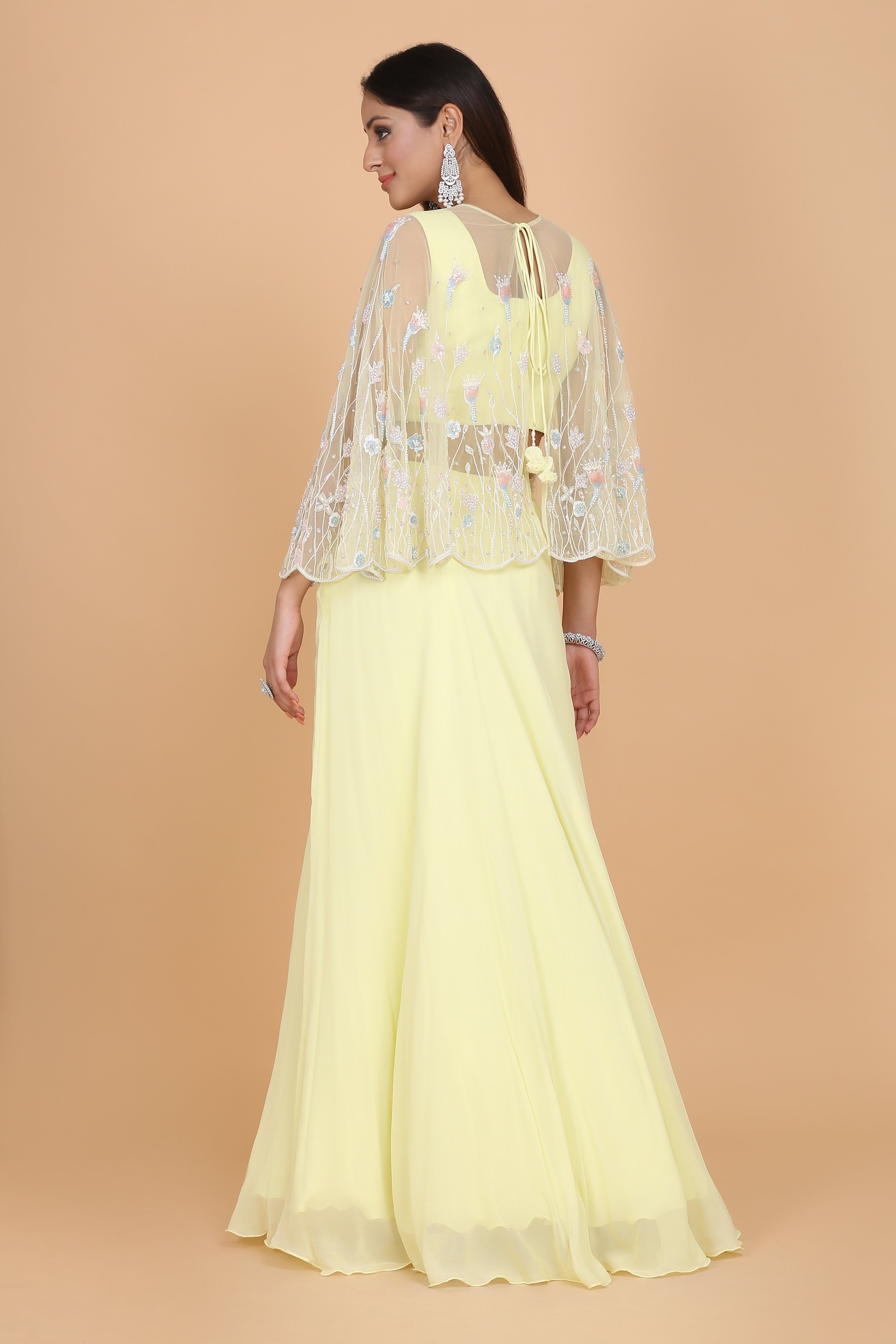Amit GT - Floral Embroidered Cape & Lehenga Set