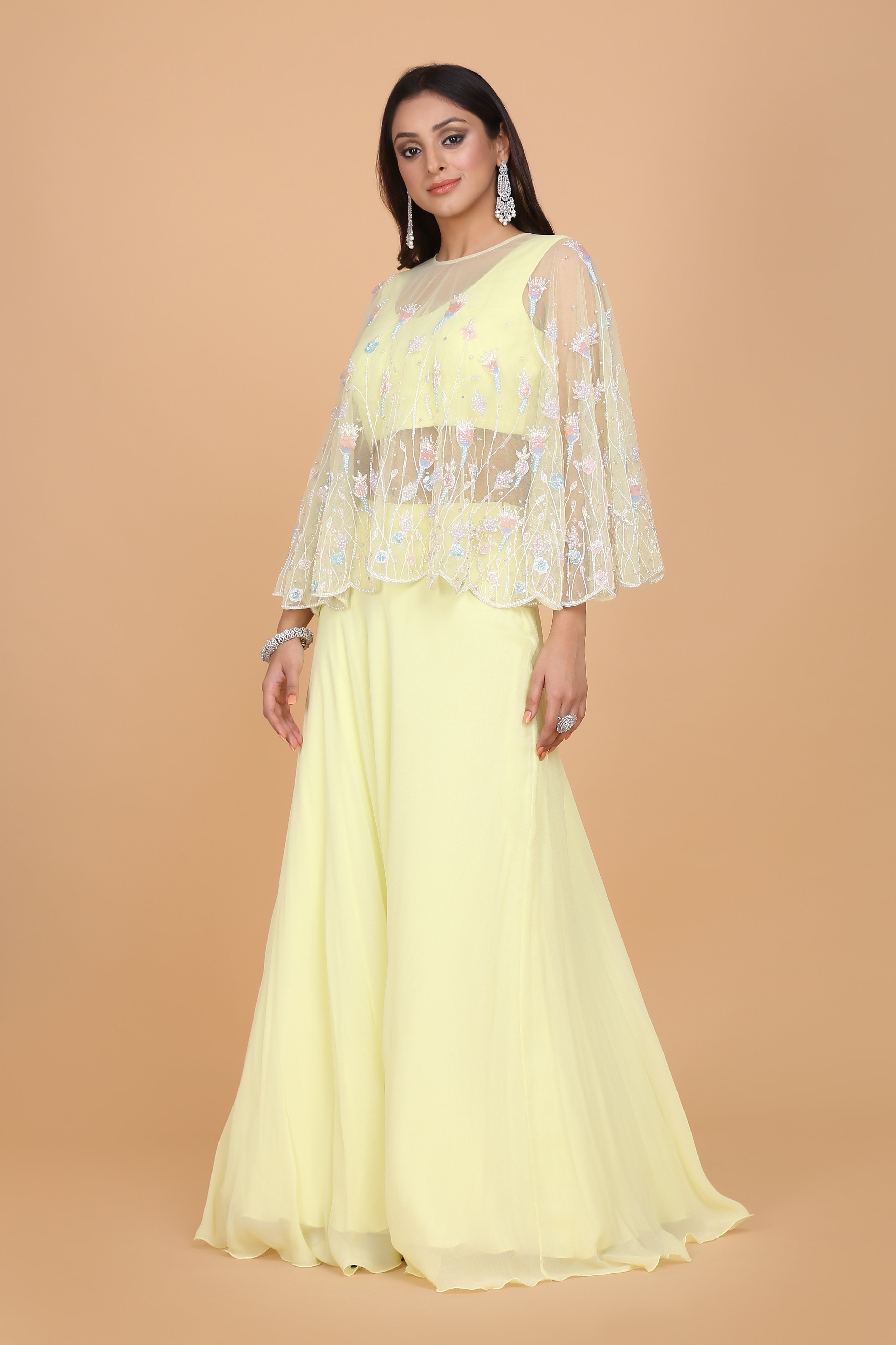 Amit GT - Floral Embroidered Cape & Lehenga Set