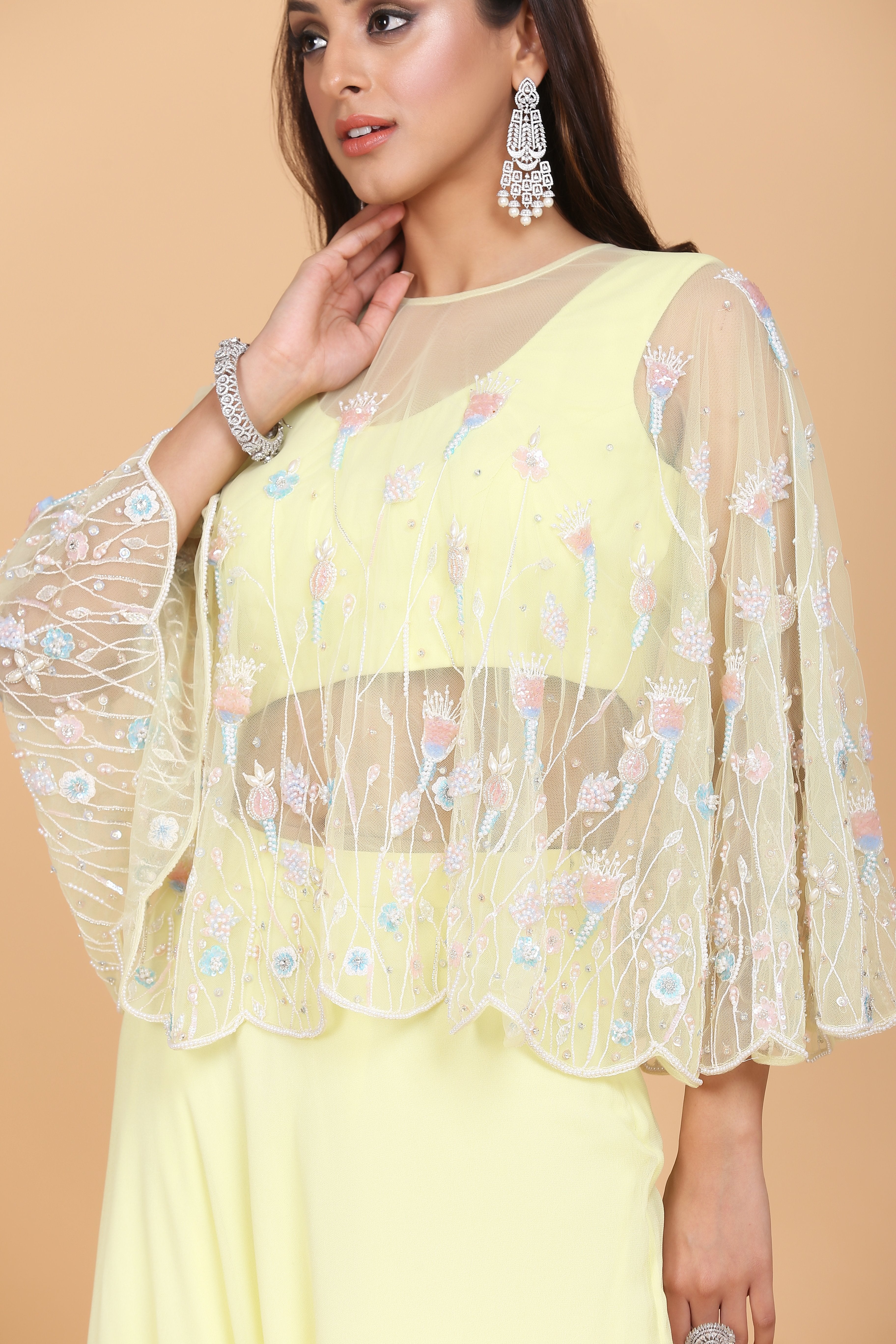 Amit GT - Floral Embroidered Cape & Lehenga Set