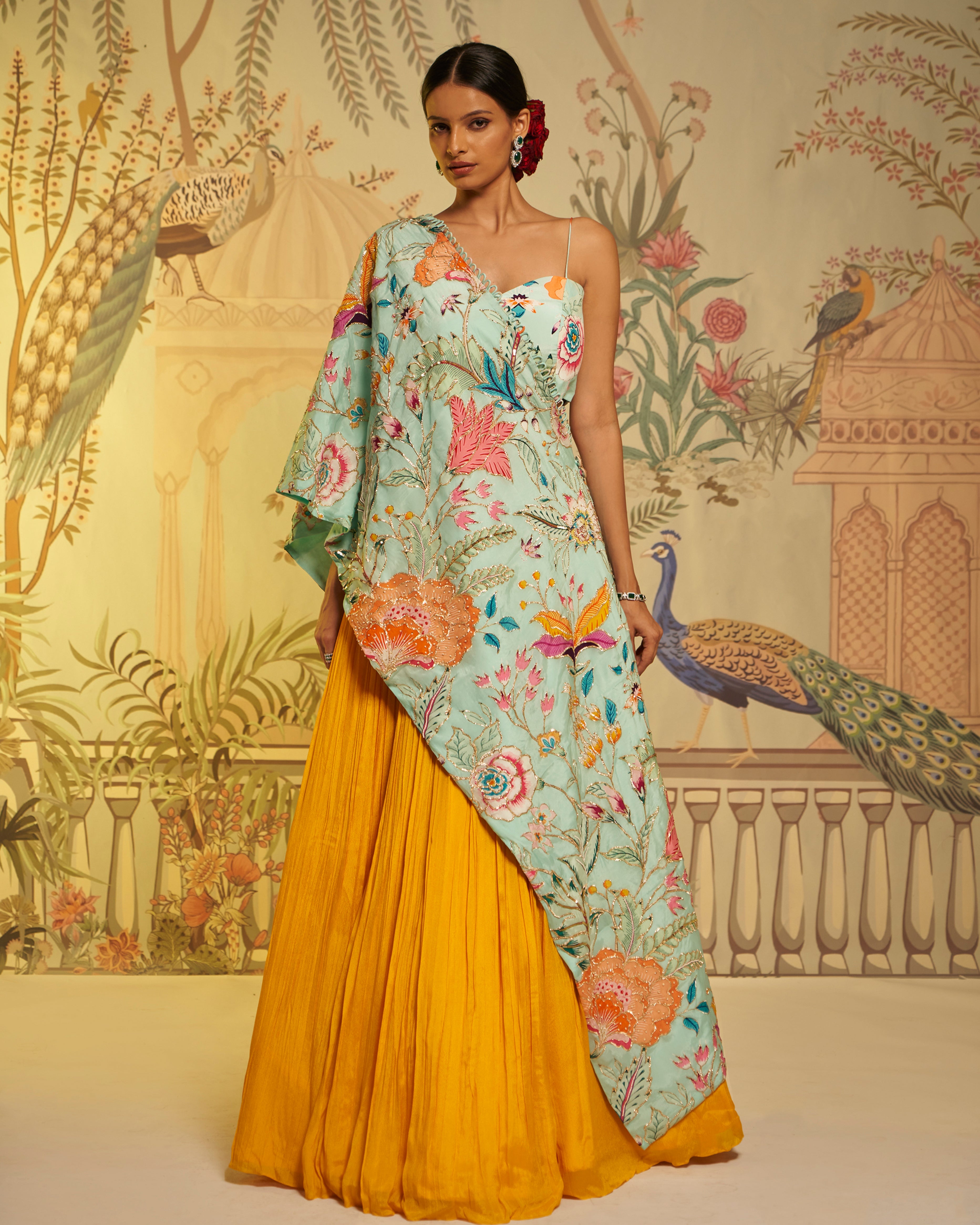 CY A Clutch Story Blue Crepe Silk Printed Cape And Lehenga Set Front 1