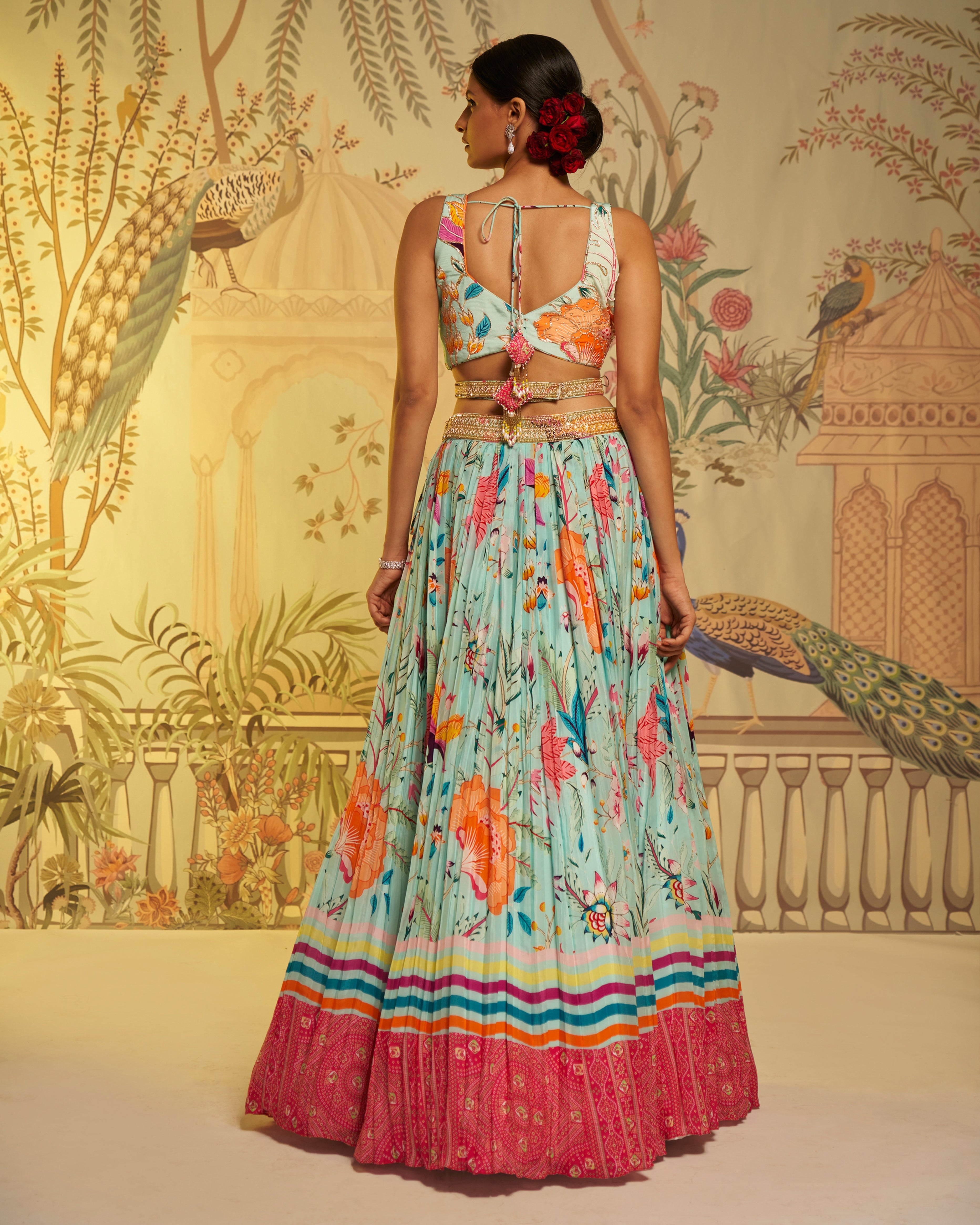 CY Aayushi Maniar Aqua Blue Crepe Silk Floral Print Lehenga Set Back 1