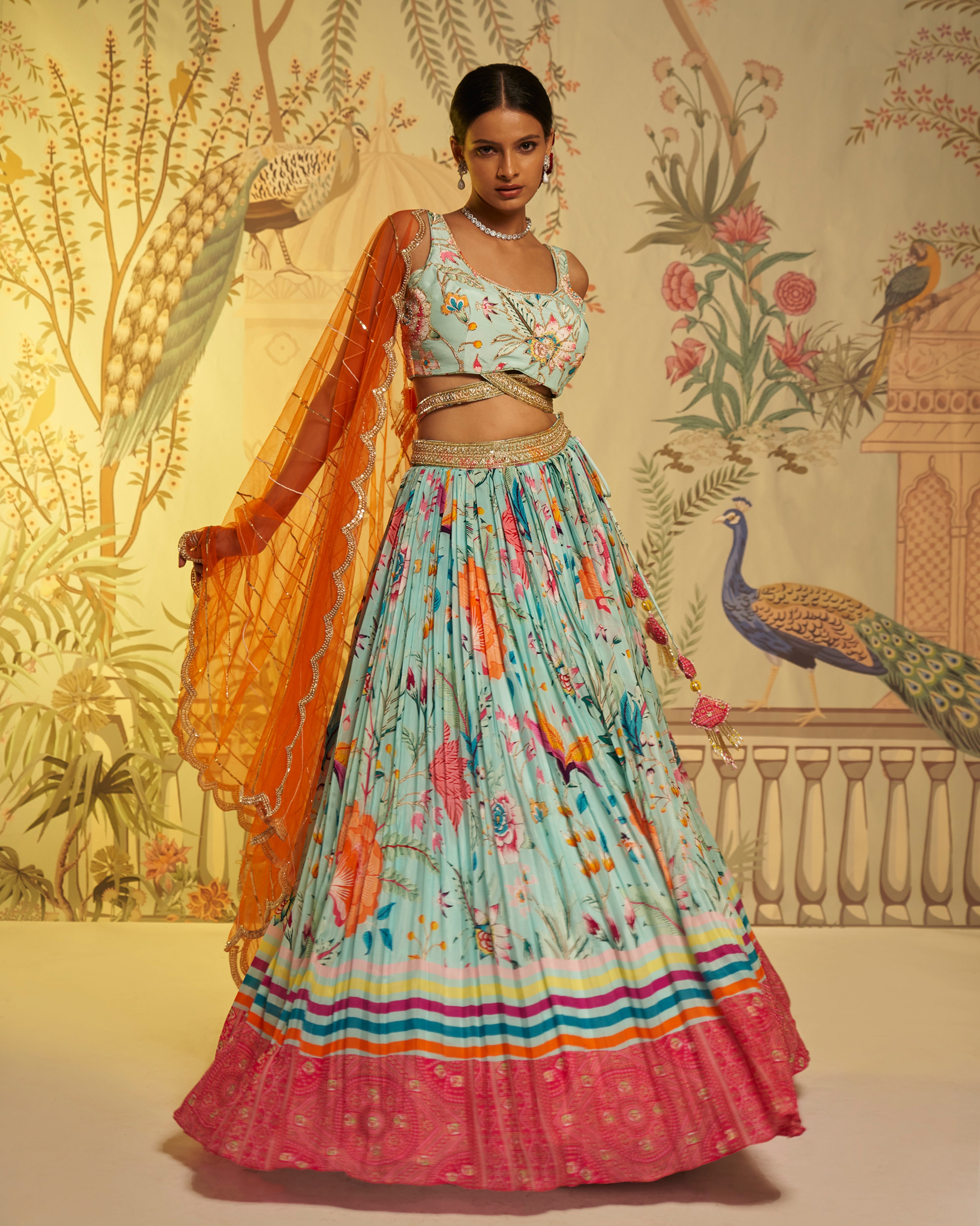 CY Aayushi Maniar Aqua Blue Crepe Silk Floral Print Lehenga Set Front 1