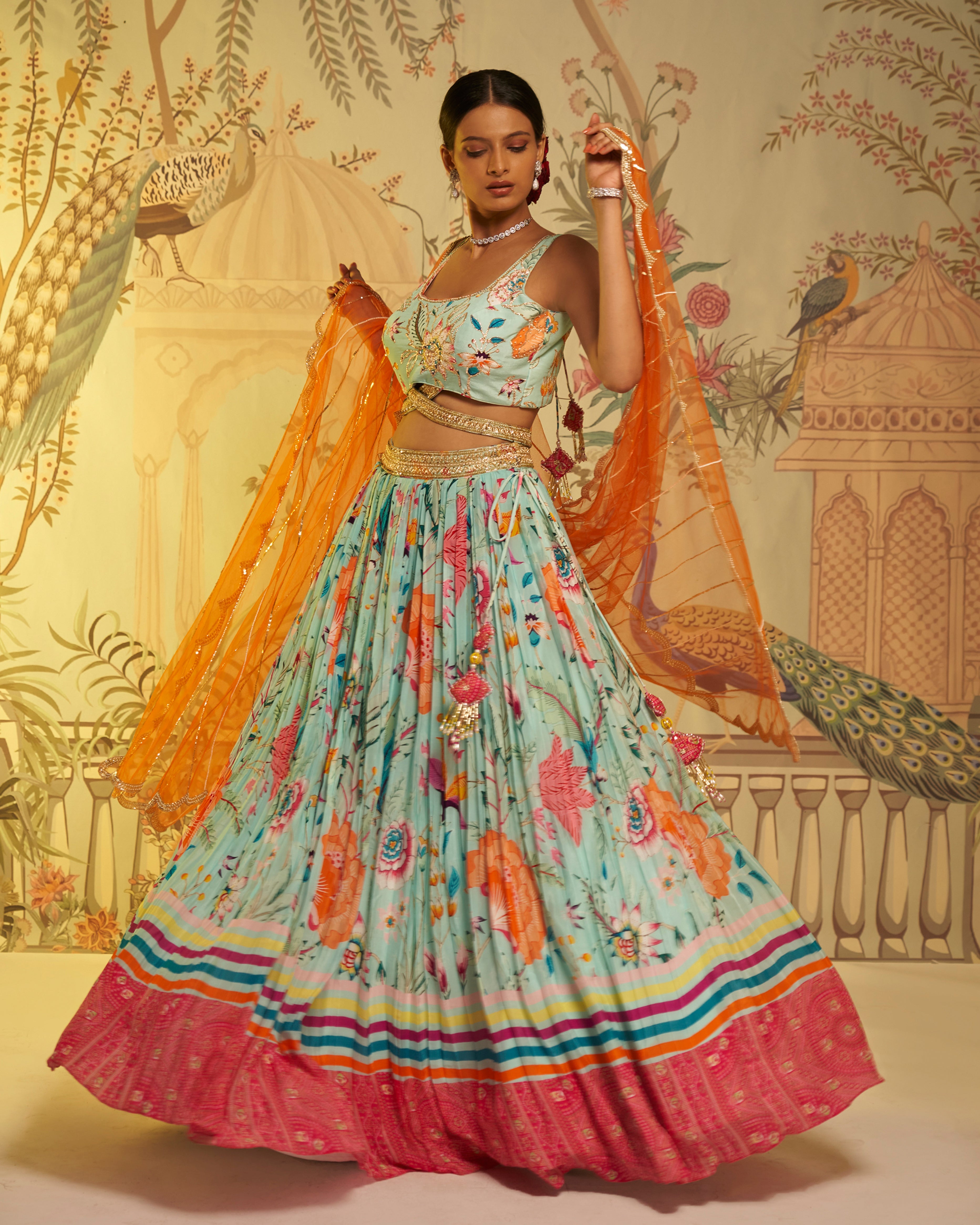 CY Aayushi Maniar Aqua Blue Crepe Silk Floral Print Lehenga Set Front 2