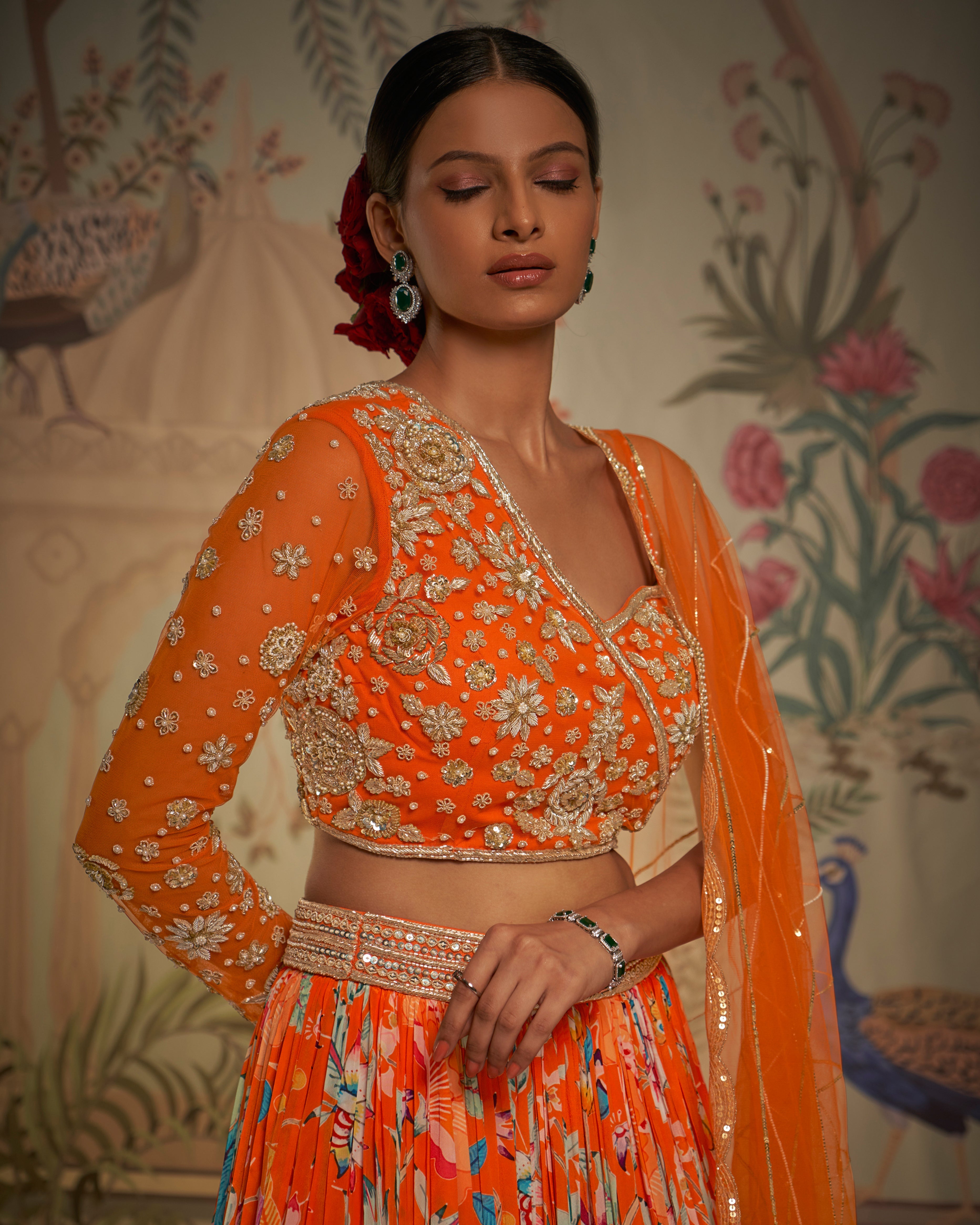 CY Aayushi Maniar Orange Crepe Silk Floral Print Lehenga Set Closeup 1