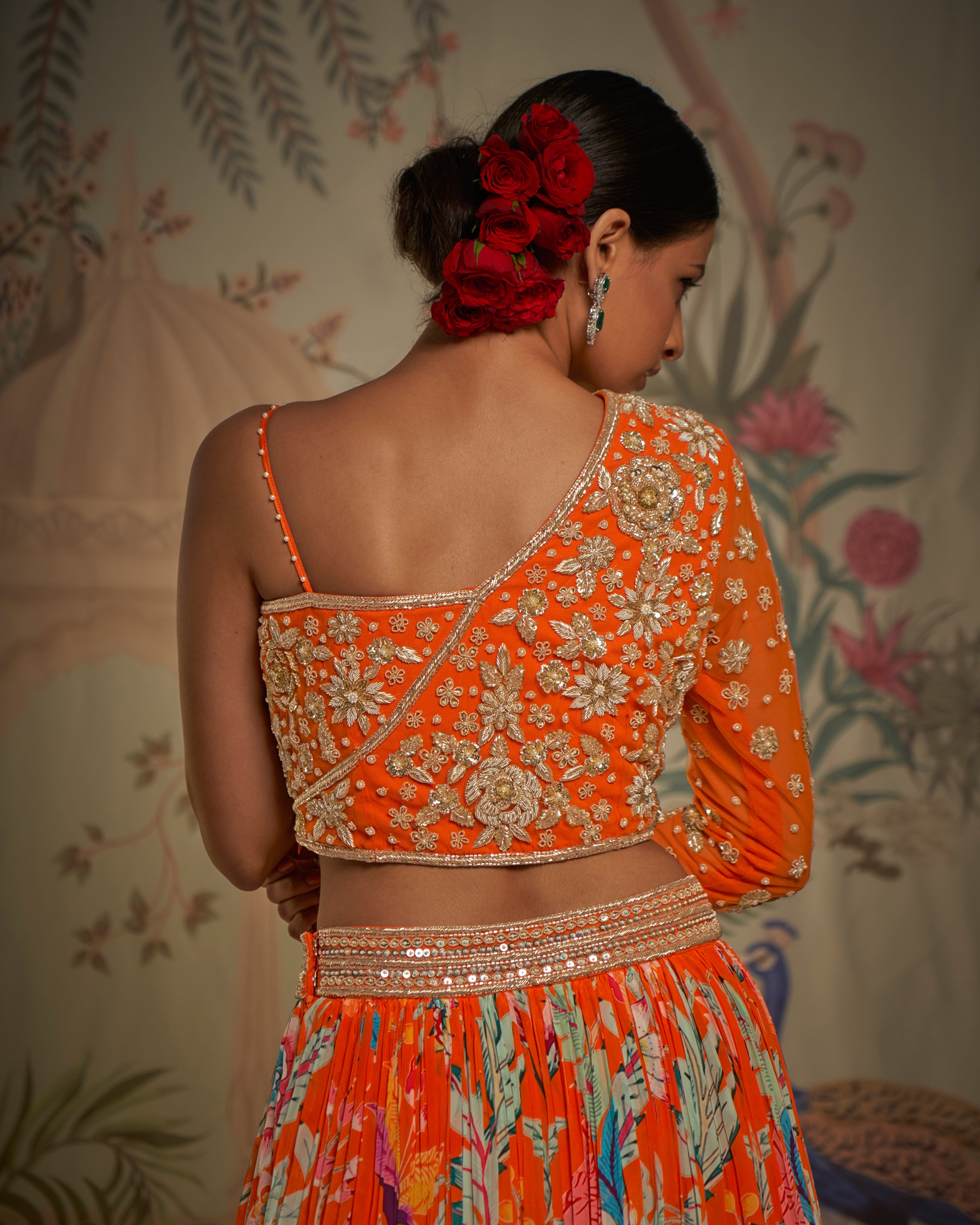 CY Aayushi Maniar Orange Crepe Silk Floral Print Lehenga Set Closeup 2