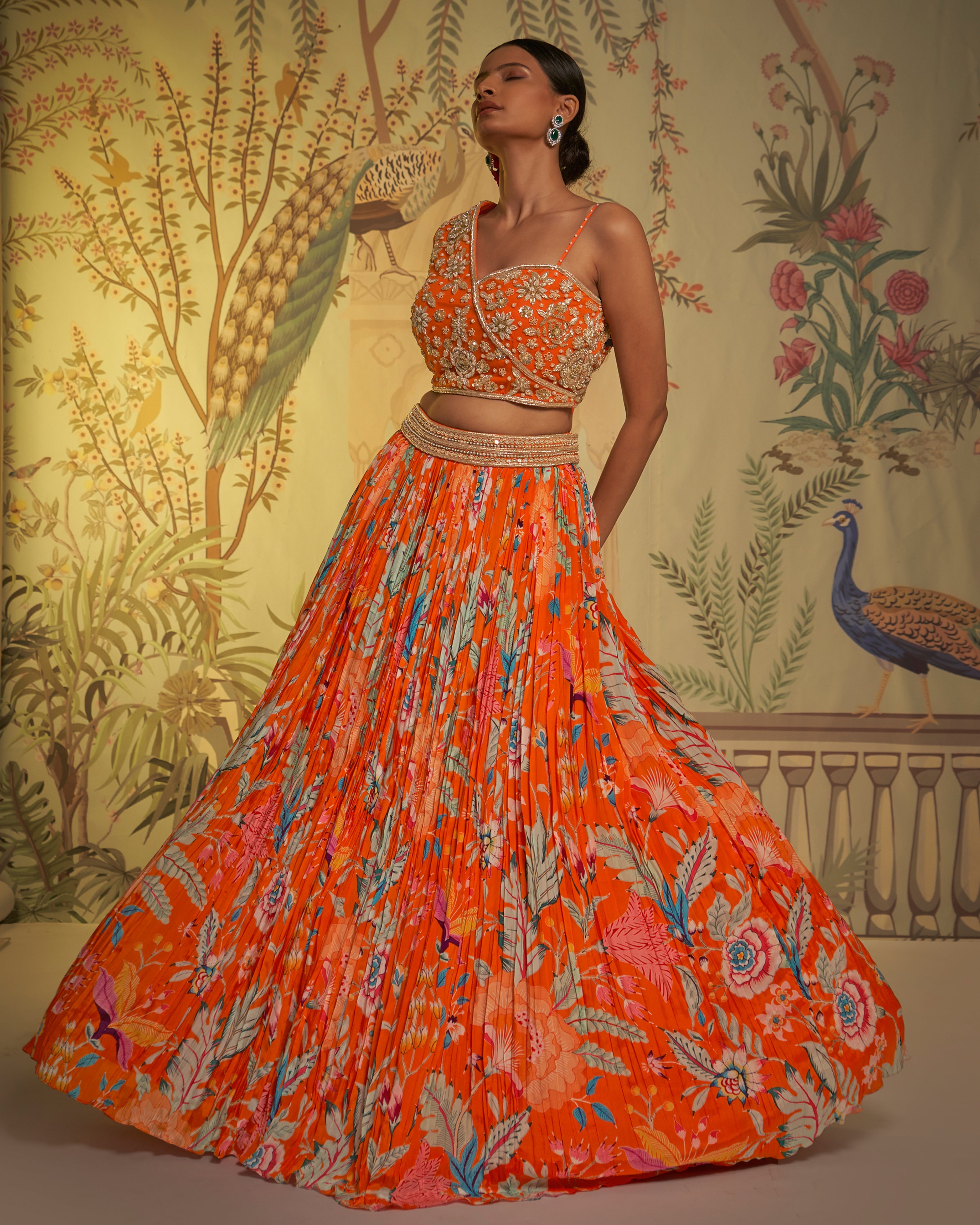 CY Aayushi Maniar Orange Crepe Silk Floral Print Lehenga Set Front 1