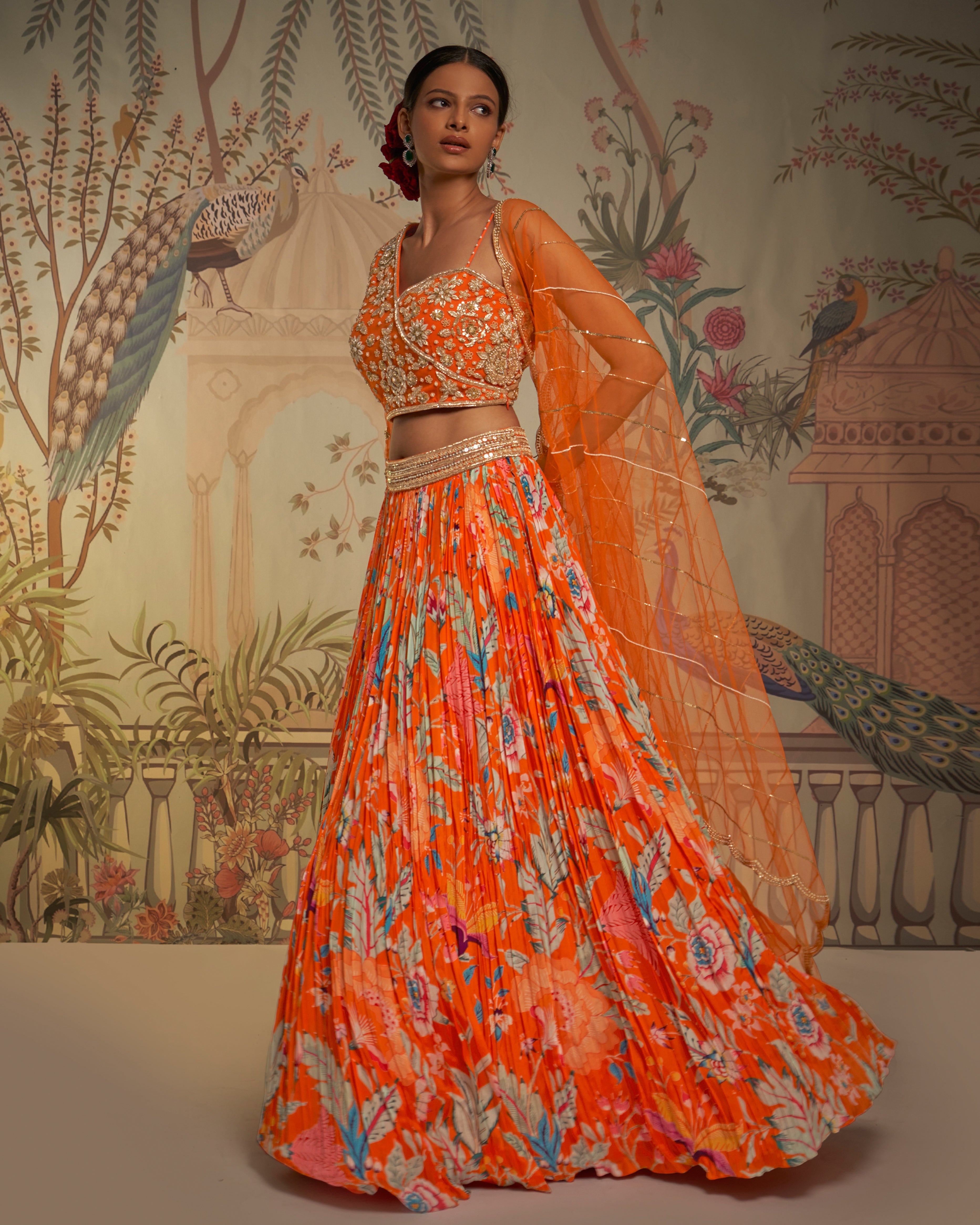 CY Aayushi Maniar Orange Crepe Silk Floral Print Lehenga Set Front 2