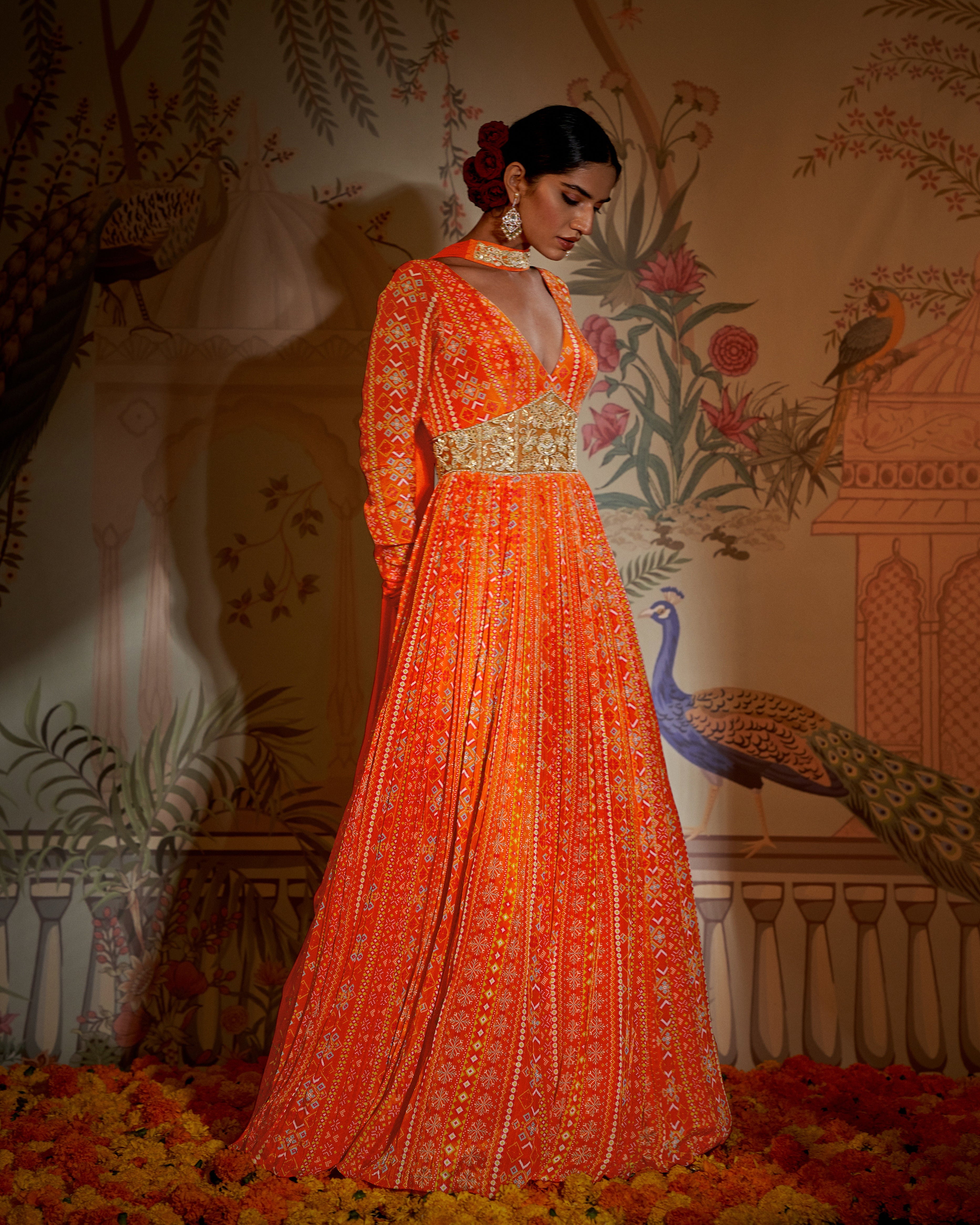 CY Aayushi Maniar Orange Crepe Silk Patola Print Anarkali With Dupatta Set Front 1