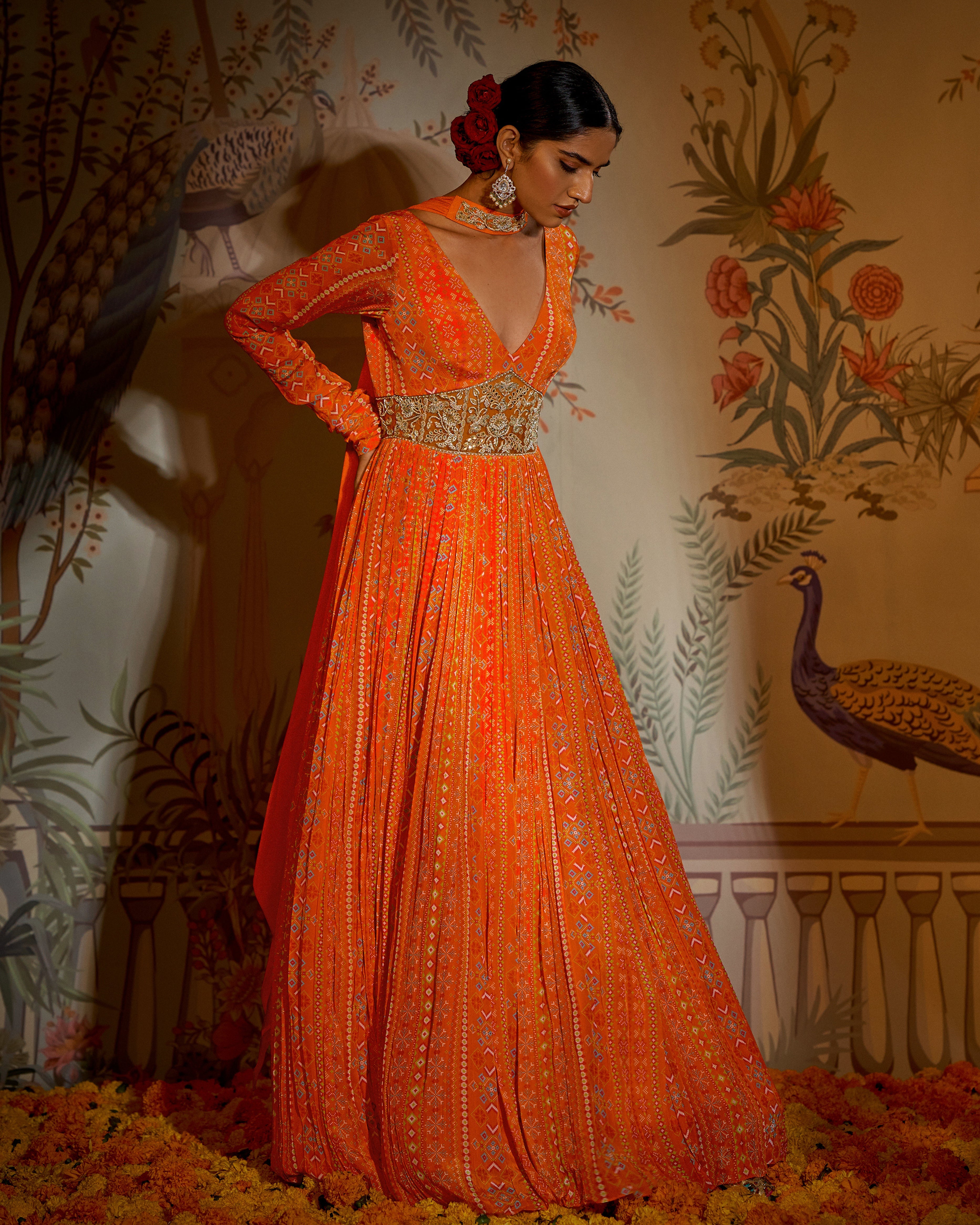 CY Aayushi Maniar Orange Crepe Silk Patola Print Anarkali With Dupatta Set Front 2