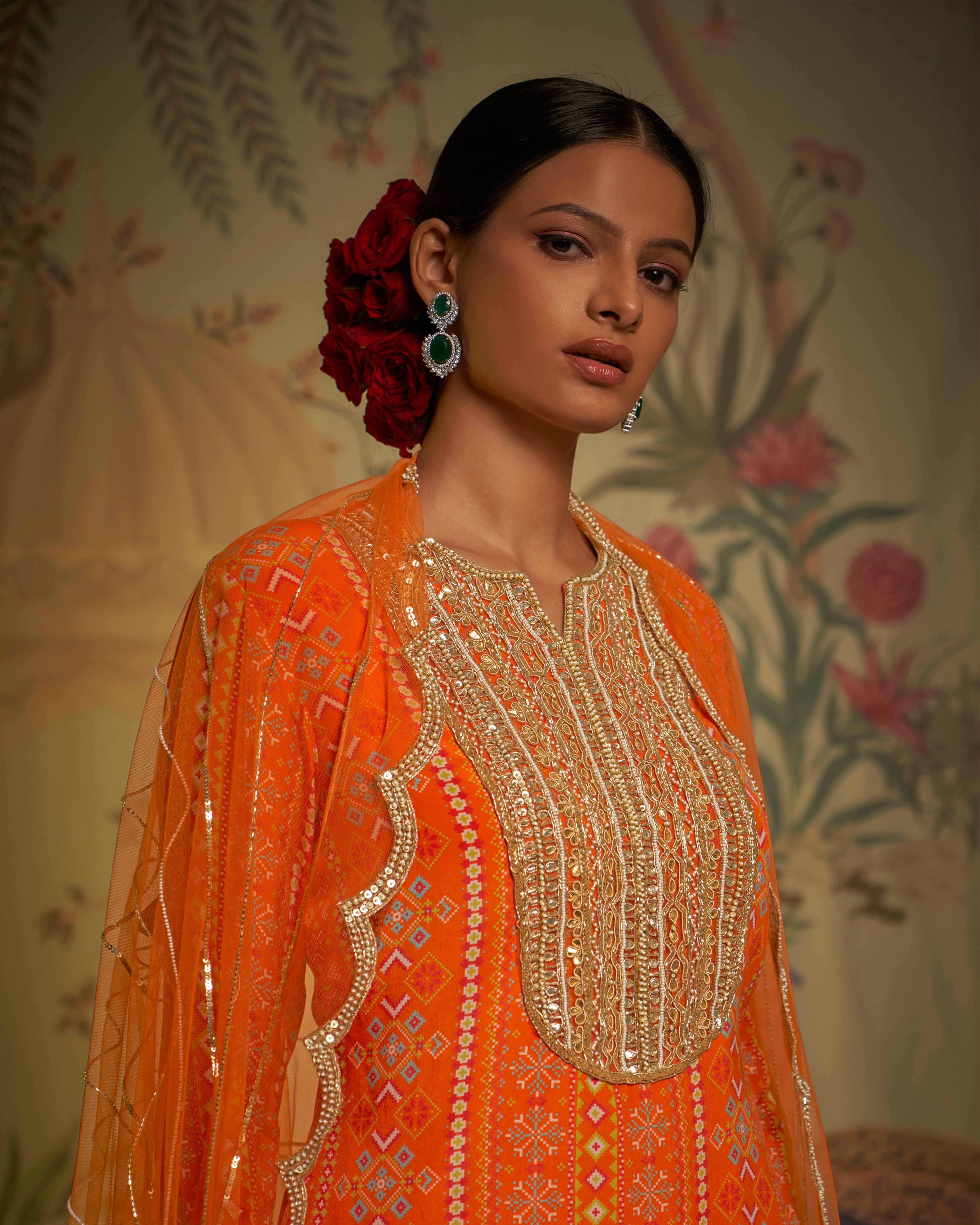 CY Aayushi Maniar Orange Crepe Silk Patola Print Tunic Gharara Set Closeup 1