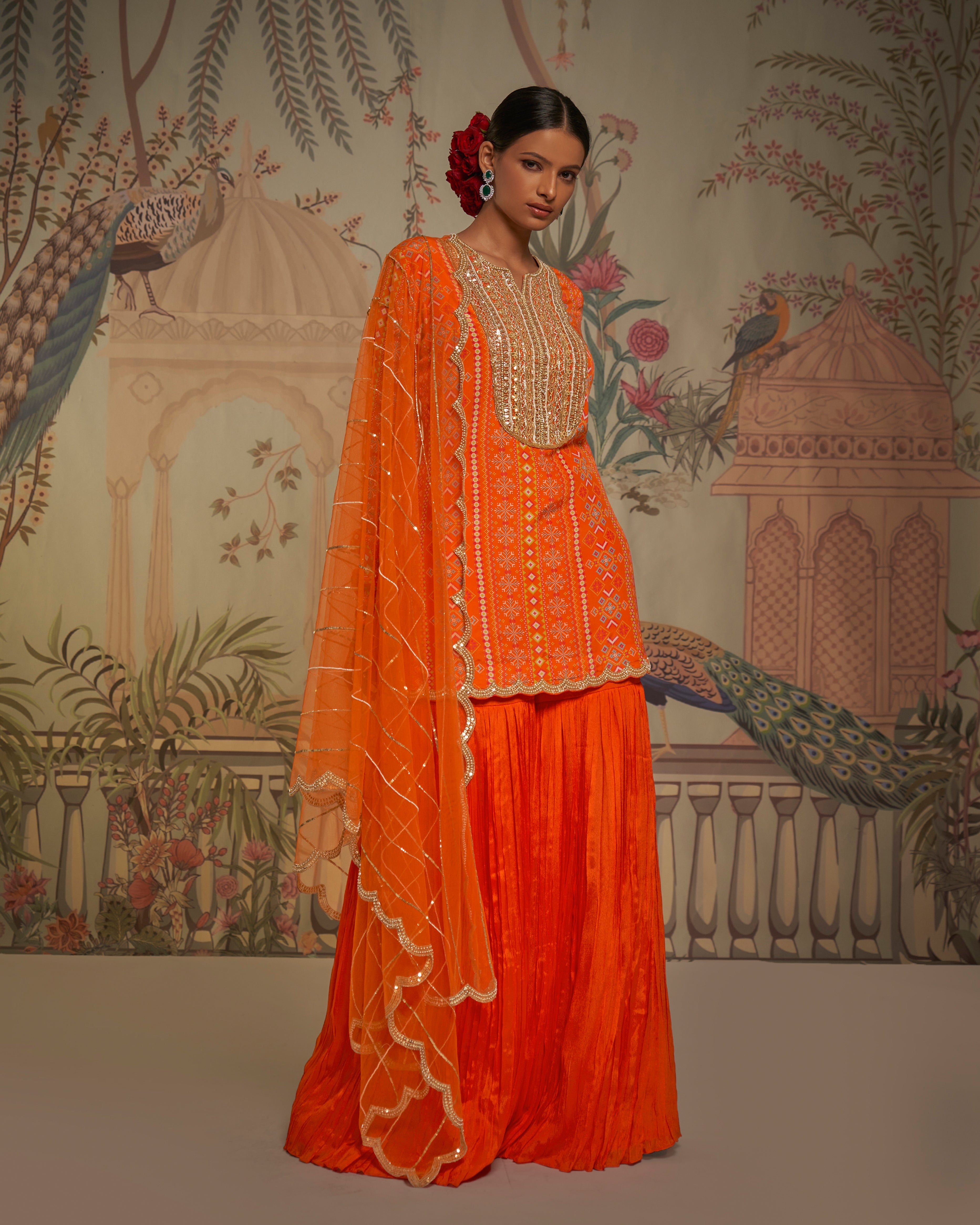 CY Aayushi Maniar Orange Crepe Silk Patola Print Tunic Gharara Set Front 1