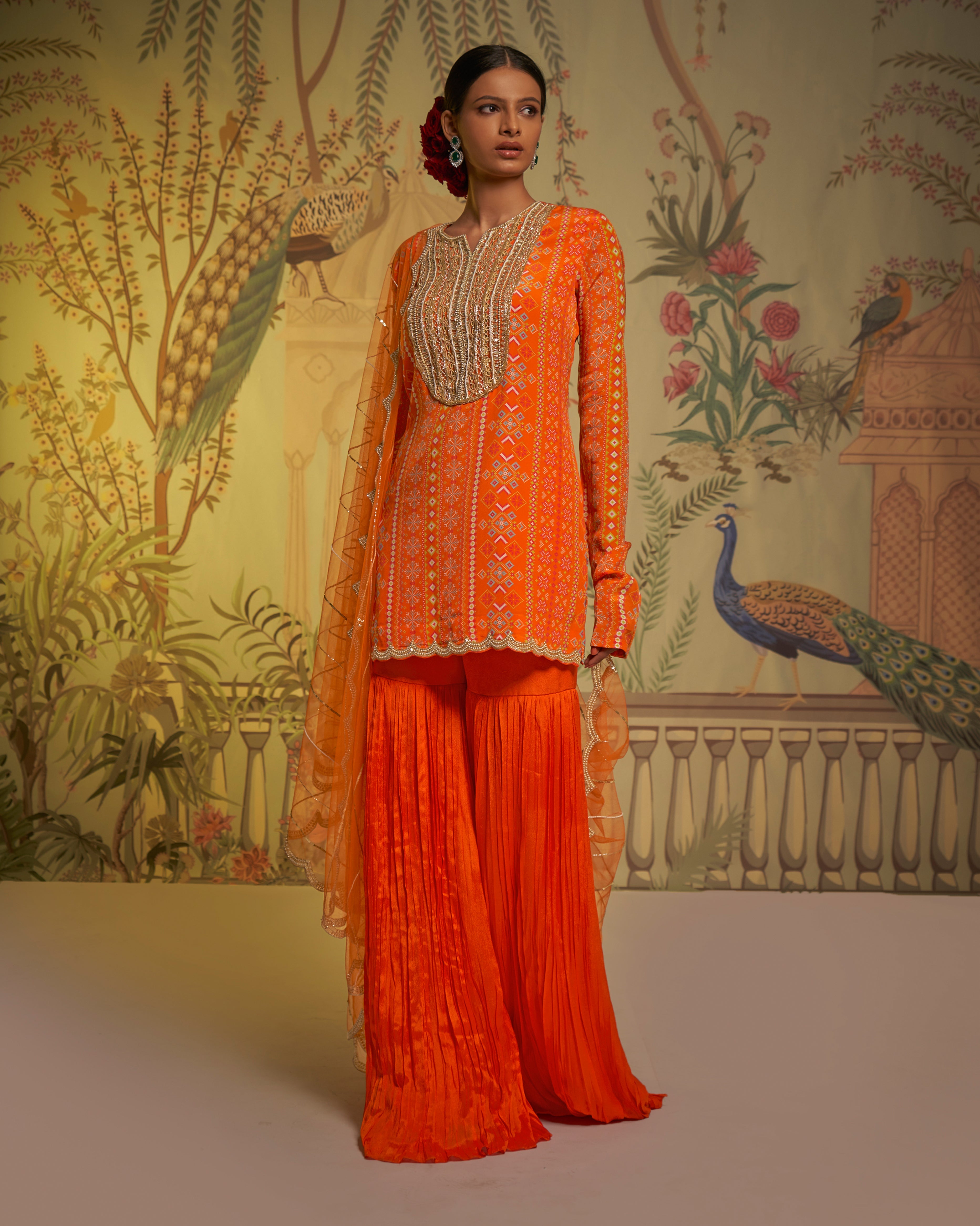 CY Aayushi Maniar Orange Crepe Silk Patola Print Tunic Gharara Set Front 2