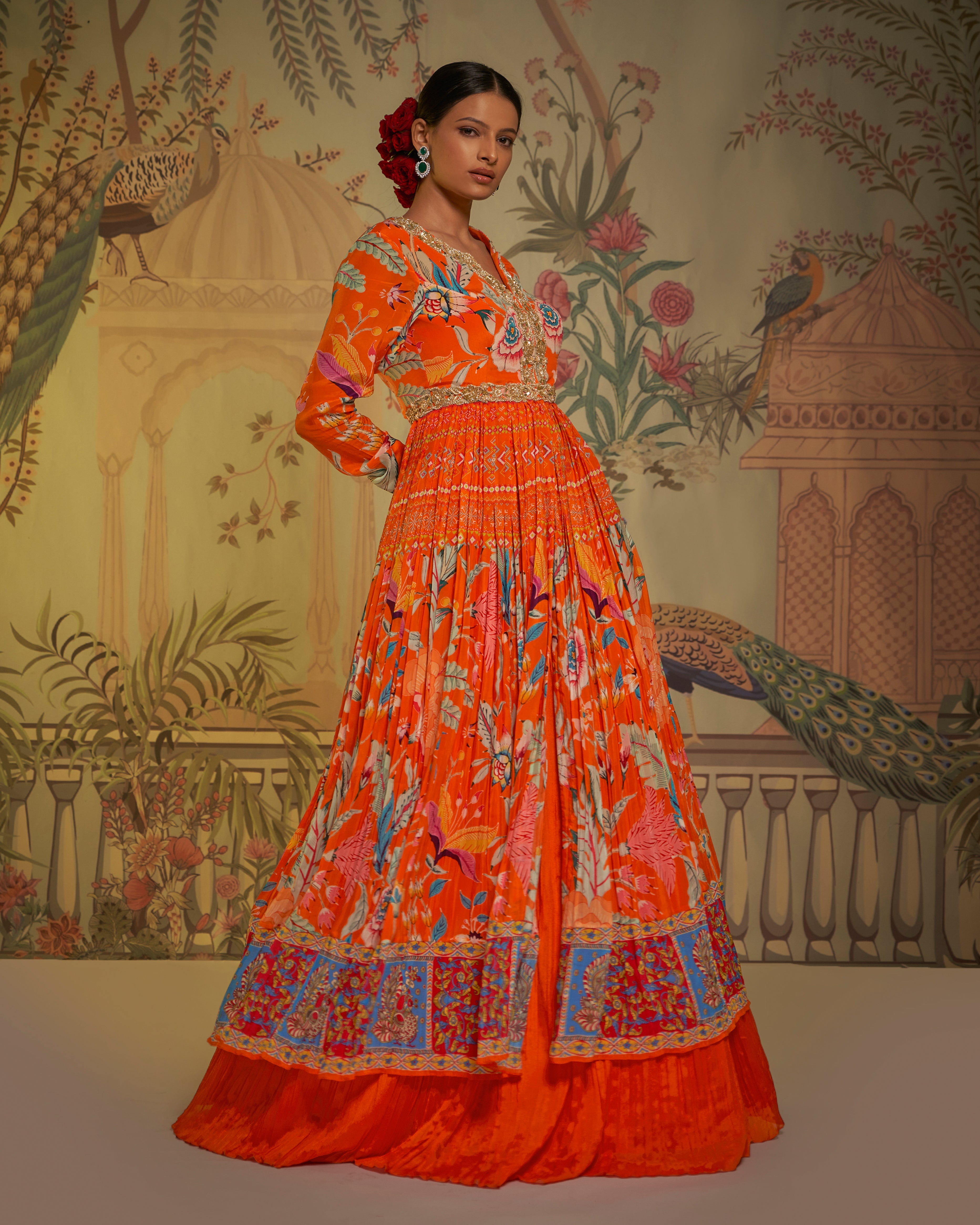 CY Aayushi Maniar Orange Crepe Silk Printed Anarkali Lehenga Set Side 1