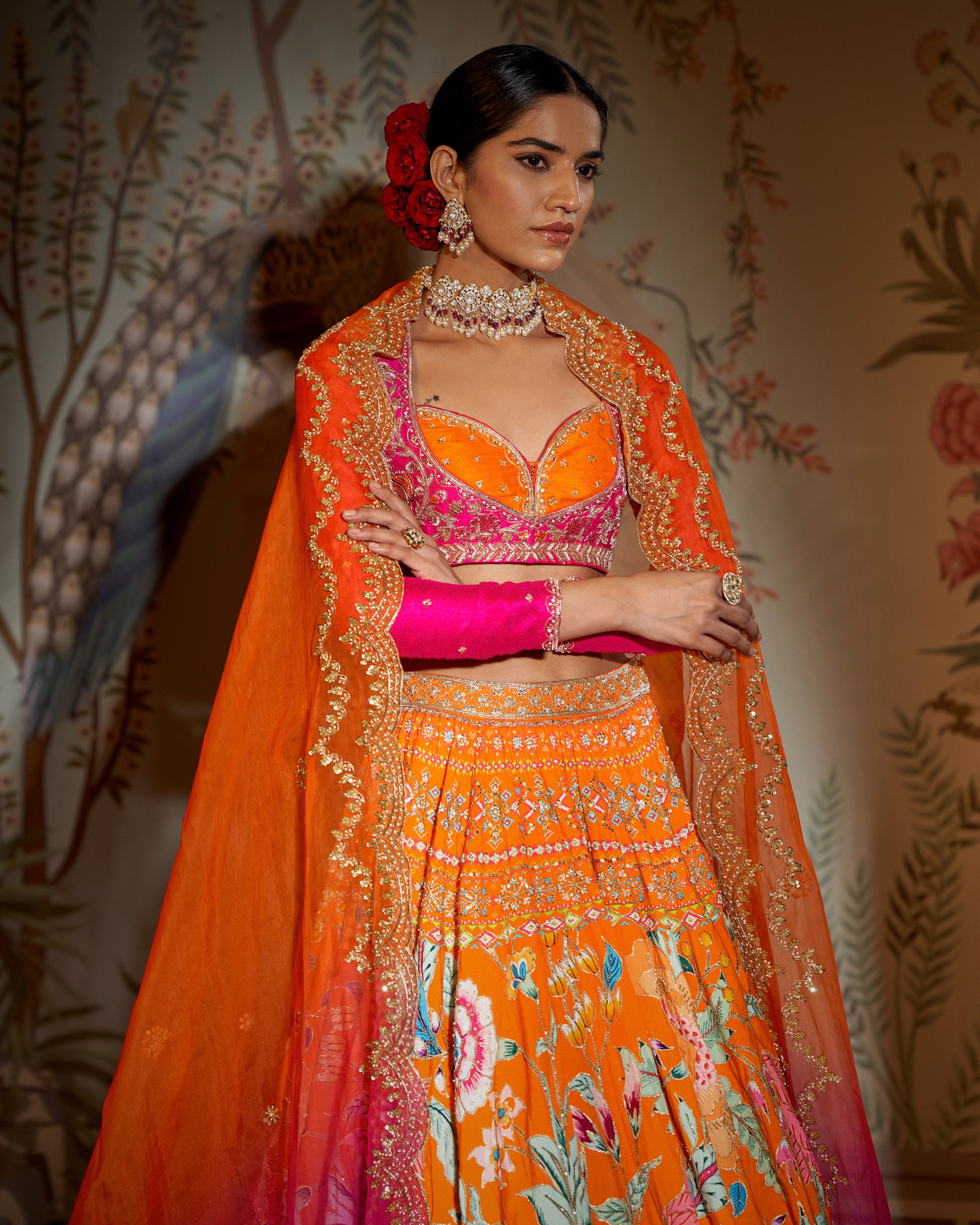 CY Aayushi Maniar Orange Raw Silk Noorani Printed Lehenga Set Front 2