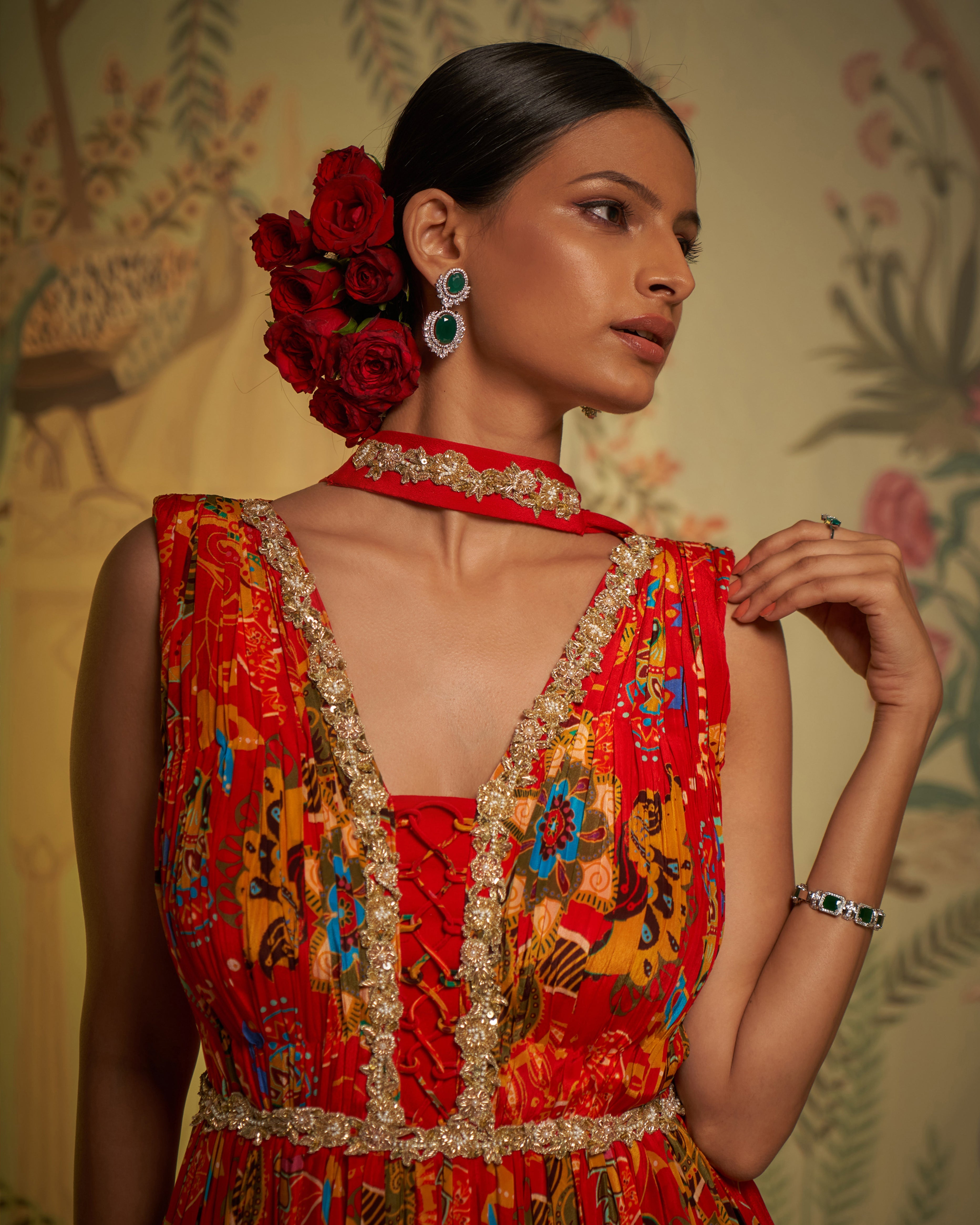 CY Aayushi Maniar Red Crepe Silk Floral Print Anarkali With Dupatta Set Closeup 1