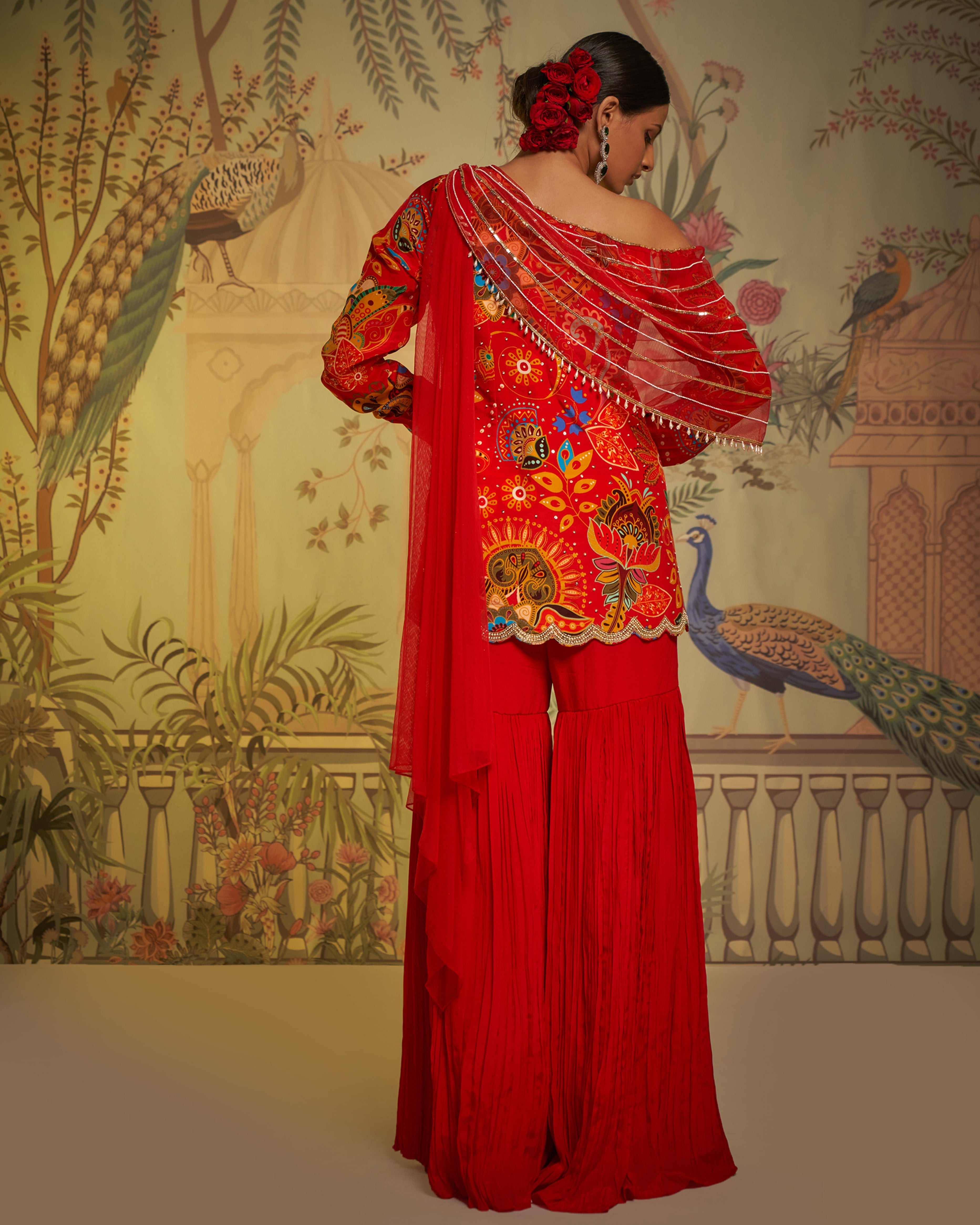 CY Aayushi Maniar Red Crepe Silk Phulvaari Printed Tunic And Gharara Set Back 1