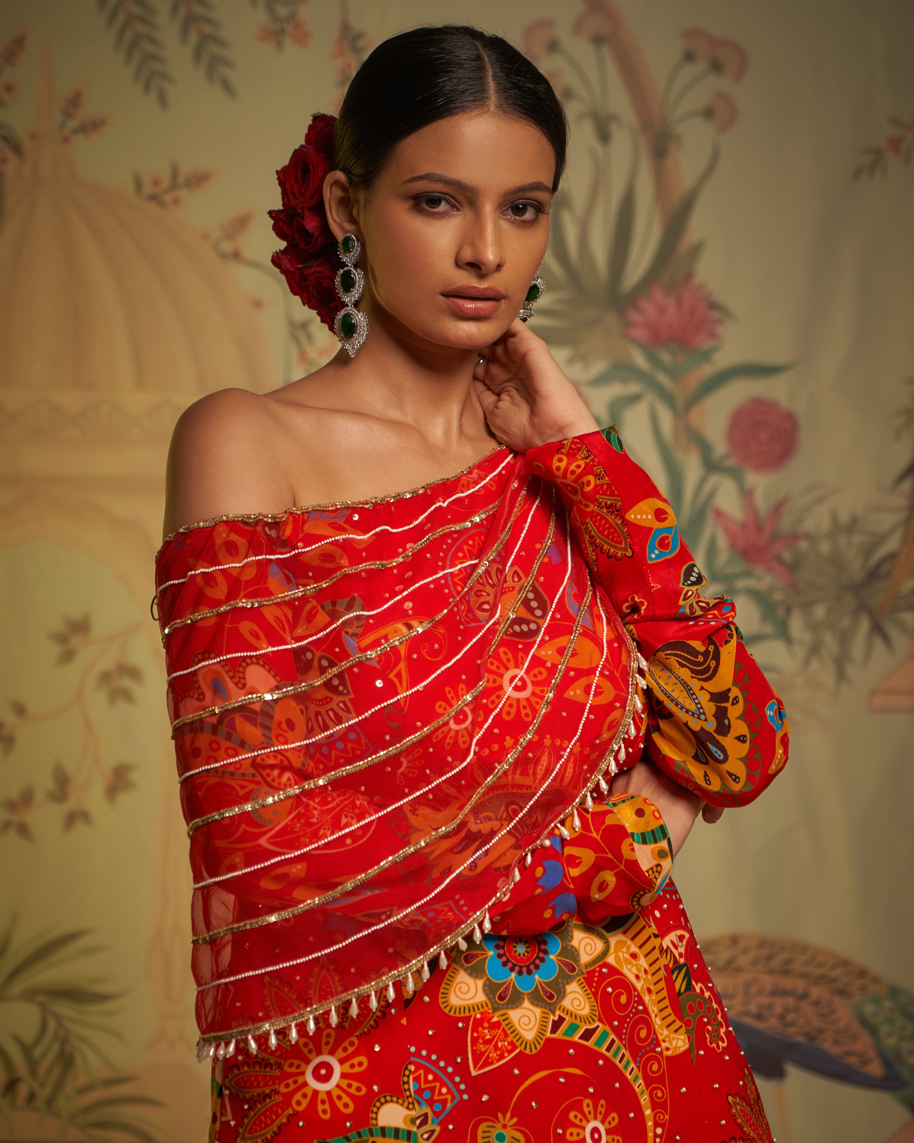 CY Aayushi Maniar Red Crepe Silk Phulvaari Printed Tunic And Gharara Set Closeup 1